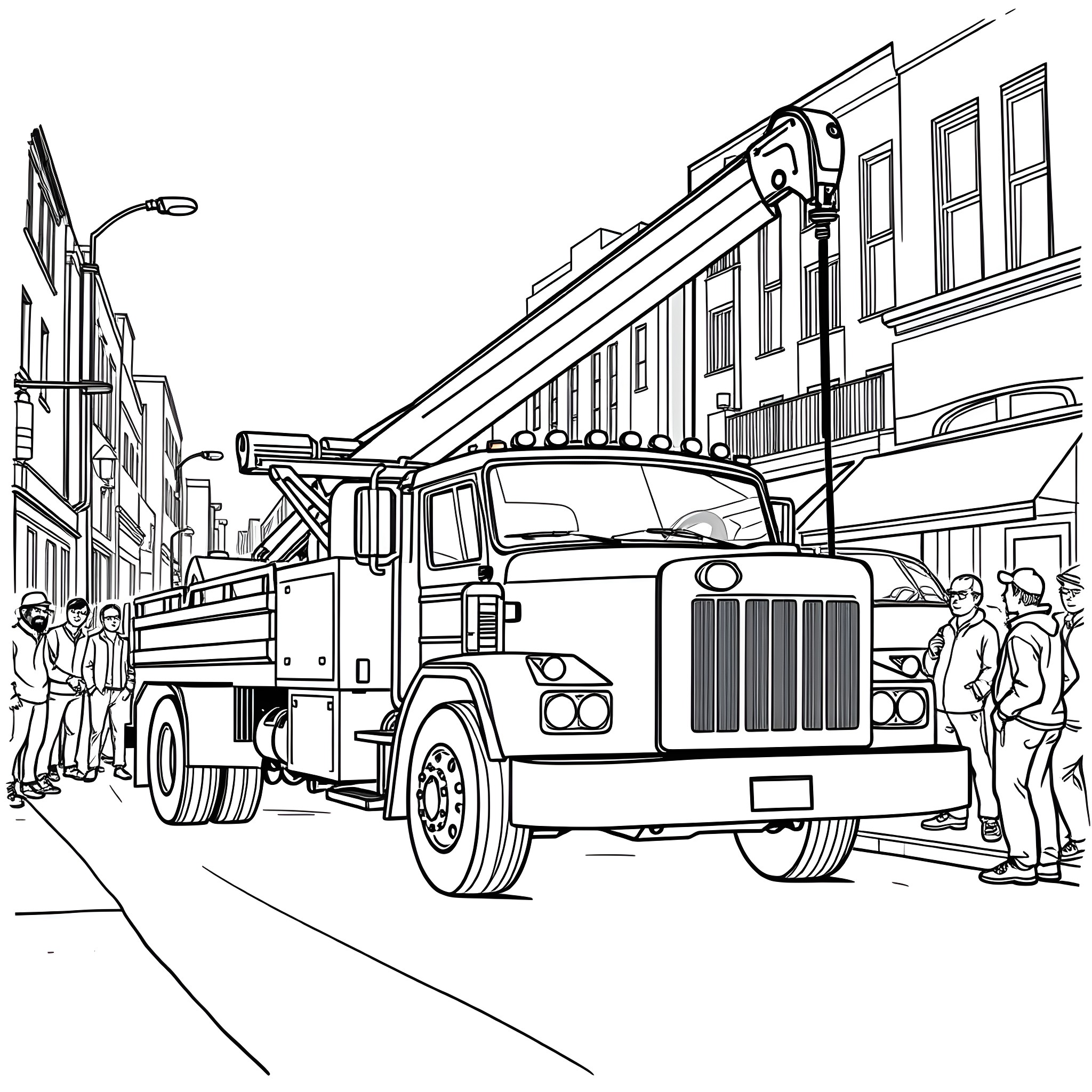 Tow Truck Assisting Stranded Motorists on City Street Coloring Page (free black-and-white line drawing printable PDF for all, from beginners to advanced learners, including children, teens, adults, and seniors)