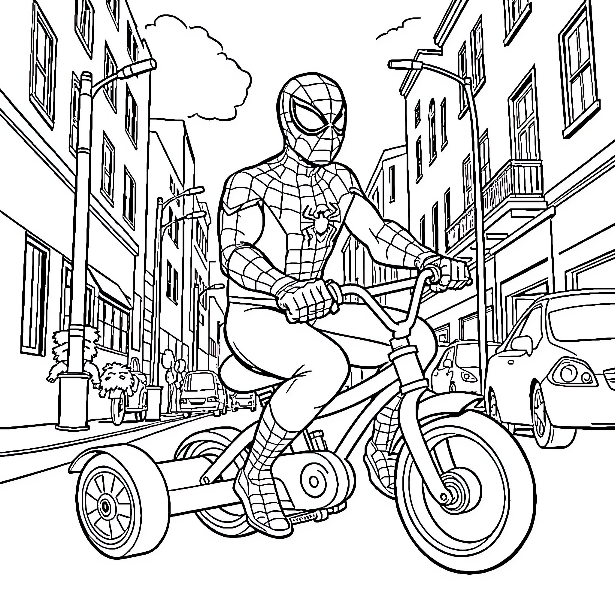 Spiderman riding a bicycle through the city Coloring Page (free black-and-white line drawing printable PDF for all, from beginners to advanced learners, including children, teens, adults, and seniors)
