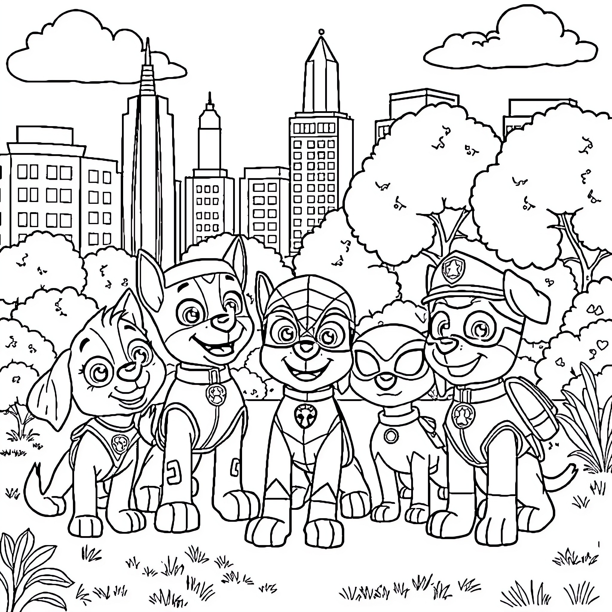 Paw Patrol heroes saving the city Coloring Page (free black-and-white line drawing printable PDF for all, from beginners to advanced learners, including children, teens, adults, and seniors)