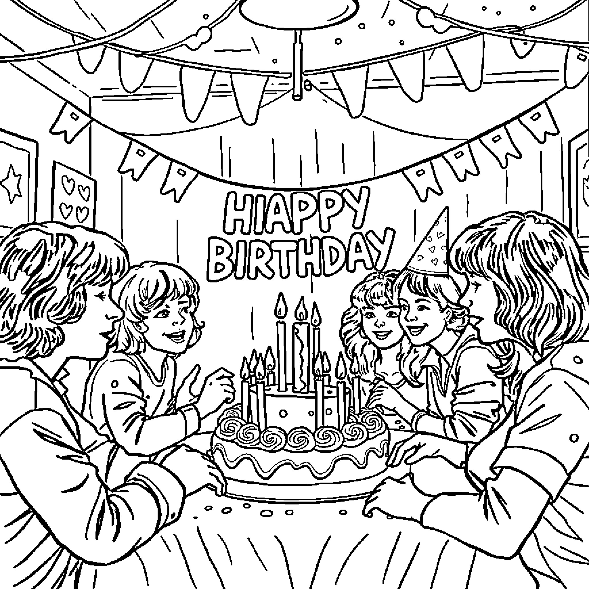 Stranger Things Birthday Party Celebration Coloring Page (free black-and-white line drawing printable PDF for all, from beginners to advanced learners, including children, teens, adults, and seniors)