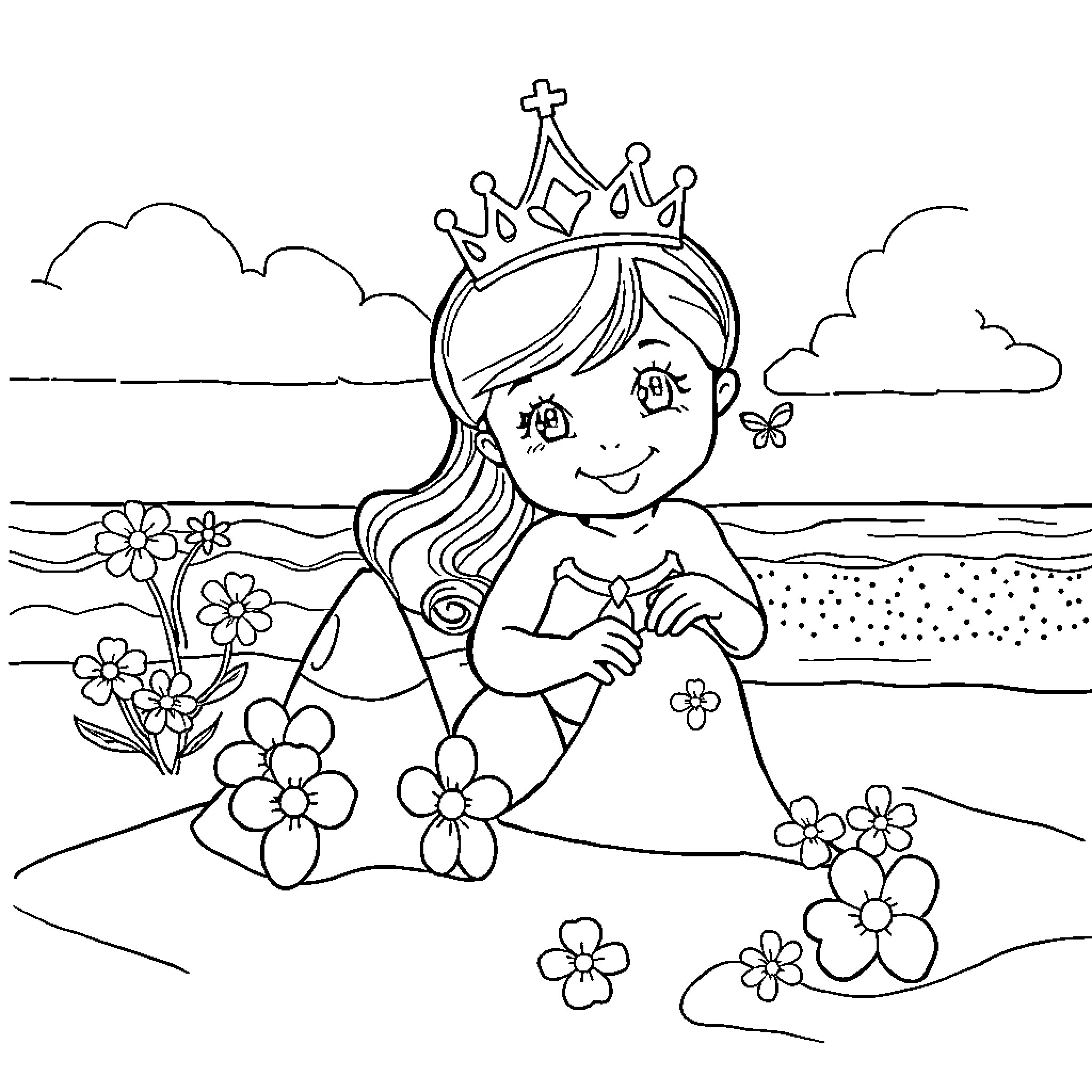 Princess Collecting Flowers in Nature Coloring Page (free black-and-white line drawing printable PDF for all, from beginners to advanced learners, including children, teens, adults, and seniors)
