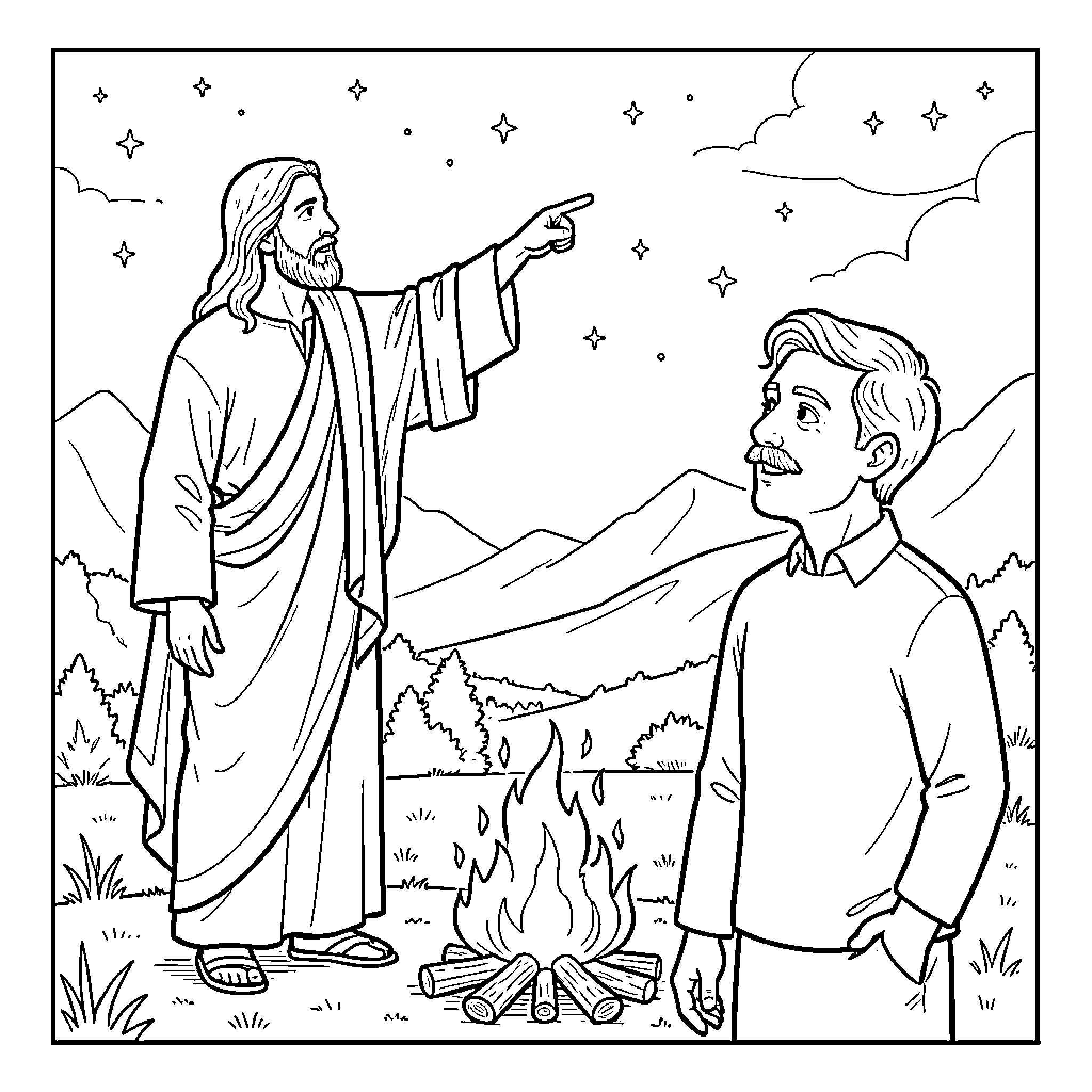Jesus pointing at the stars to a man Coloring Page (free black-and-white line drawing printable PDF for all, from beginners to advanced learners, including children, teens, adults, and seniors)