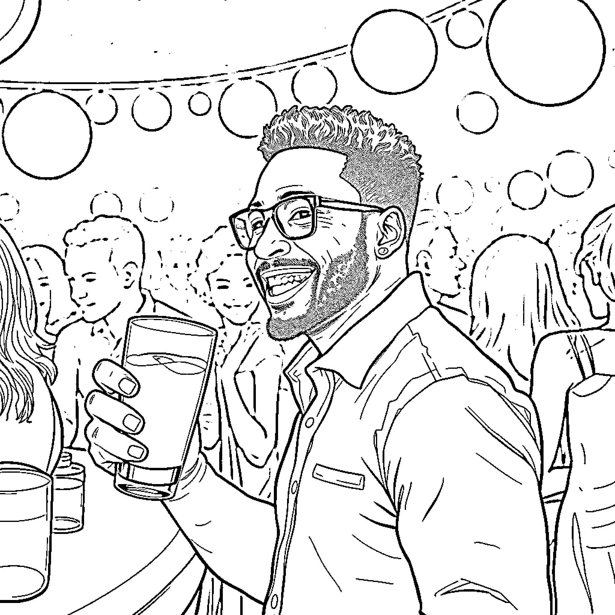 Calvin Richardson enjoying a drink with friends Coloring Page (free black-and-white line drawing printable PDF for all, from beginners to advanced learners, including children, teens, adults, and seniors)