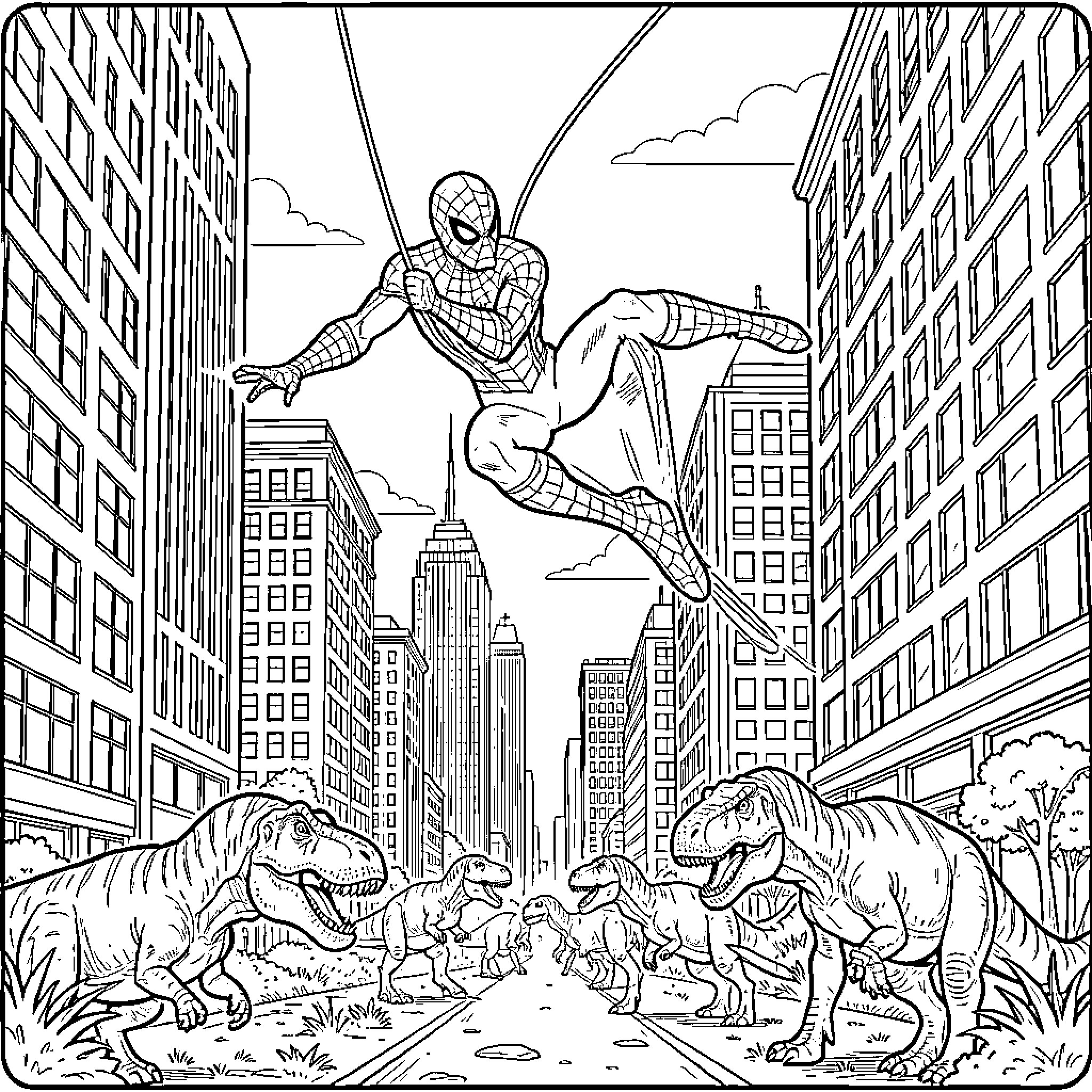 Spider-Man swinging above dinosaurs in the city Coloring Page (free black-and-white line drawing printable PDF for all, from beginners to advanced learners, including children, teens, adults, and seniors)