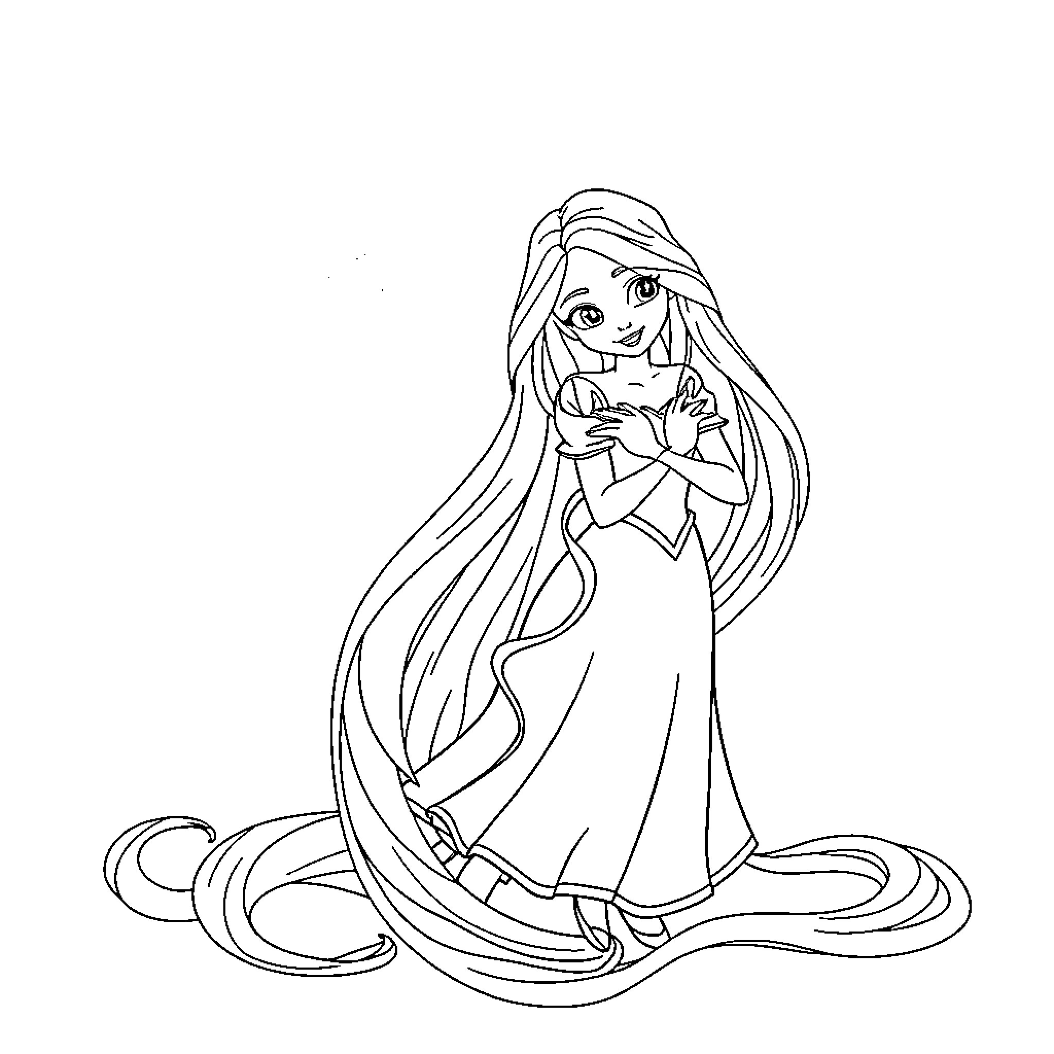 Rapunzel sitting with long flowing hair Coloring Page (free black-and-white line drawing printable PDF for all, from beginners to advanced learners, including children, teens, adults, and seniors)