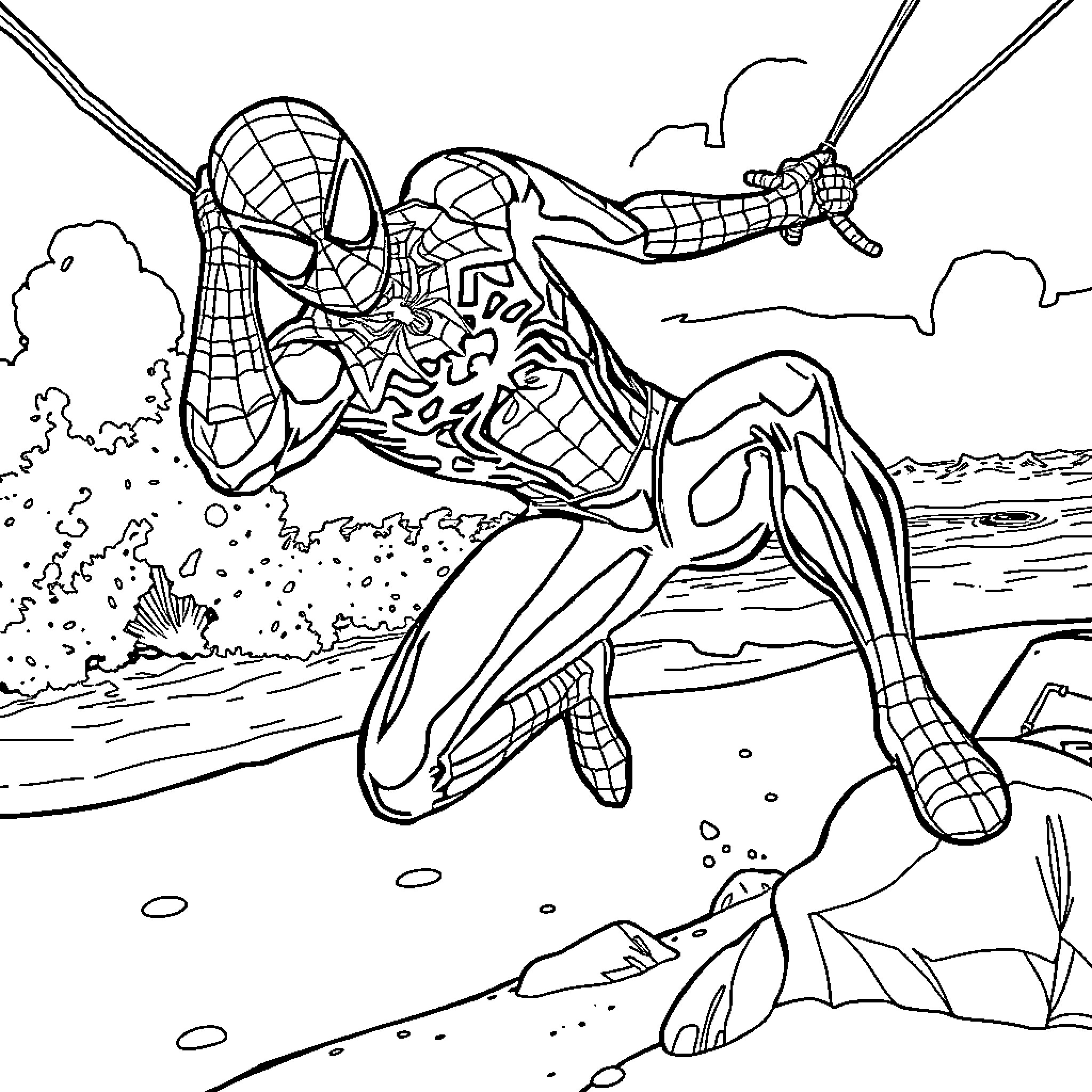 Spider-Man scaling rocks in outdoor scene Coloring Page (free black-and-white line drawing printable PDF for all, from beginners to advanced learners, including children, teens, adults, and seniors)