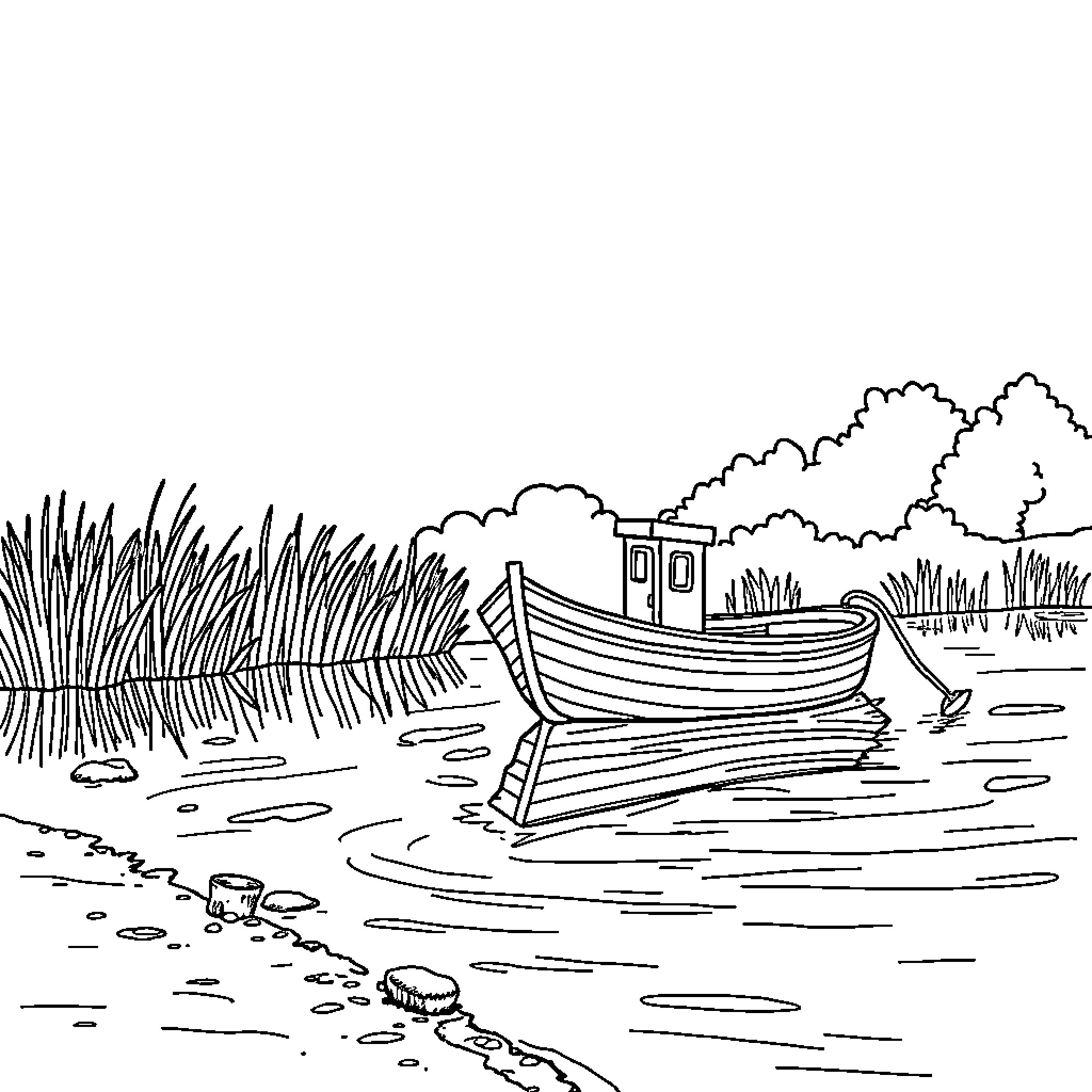 Barge on a serene lake surrounded by nature Coloring Page (free black-and-white line drawing printable PDF for all, from beginners to advanced learners, including children, teens, adults, and seniors)