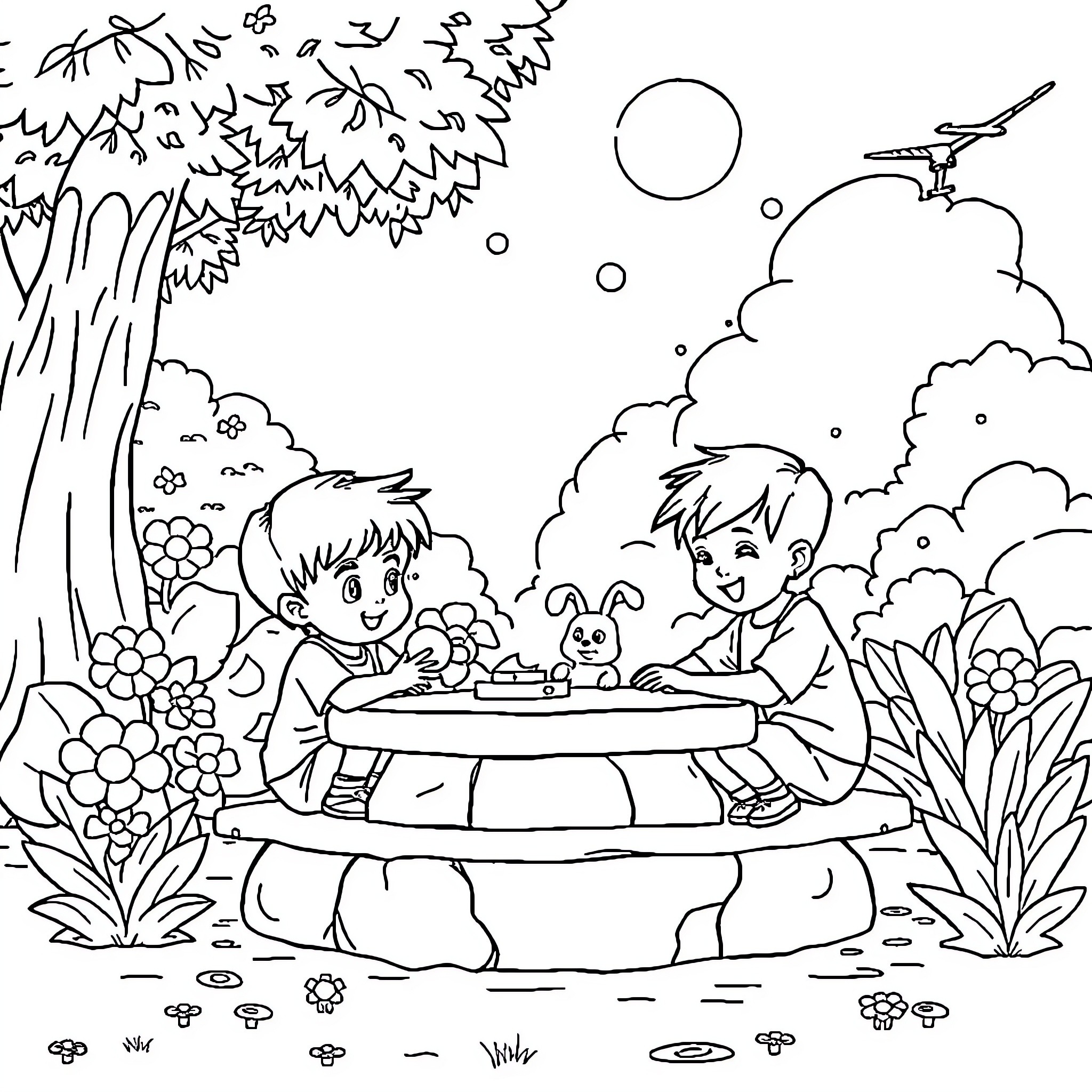 Child playing happily in a peaceful nature scene Coloring Page (free black-and-white line drawing printable PDF for all, from beginners to advanced learners, including children, teens, adults, and seniors)