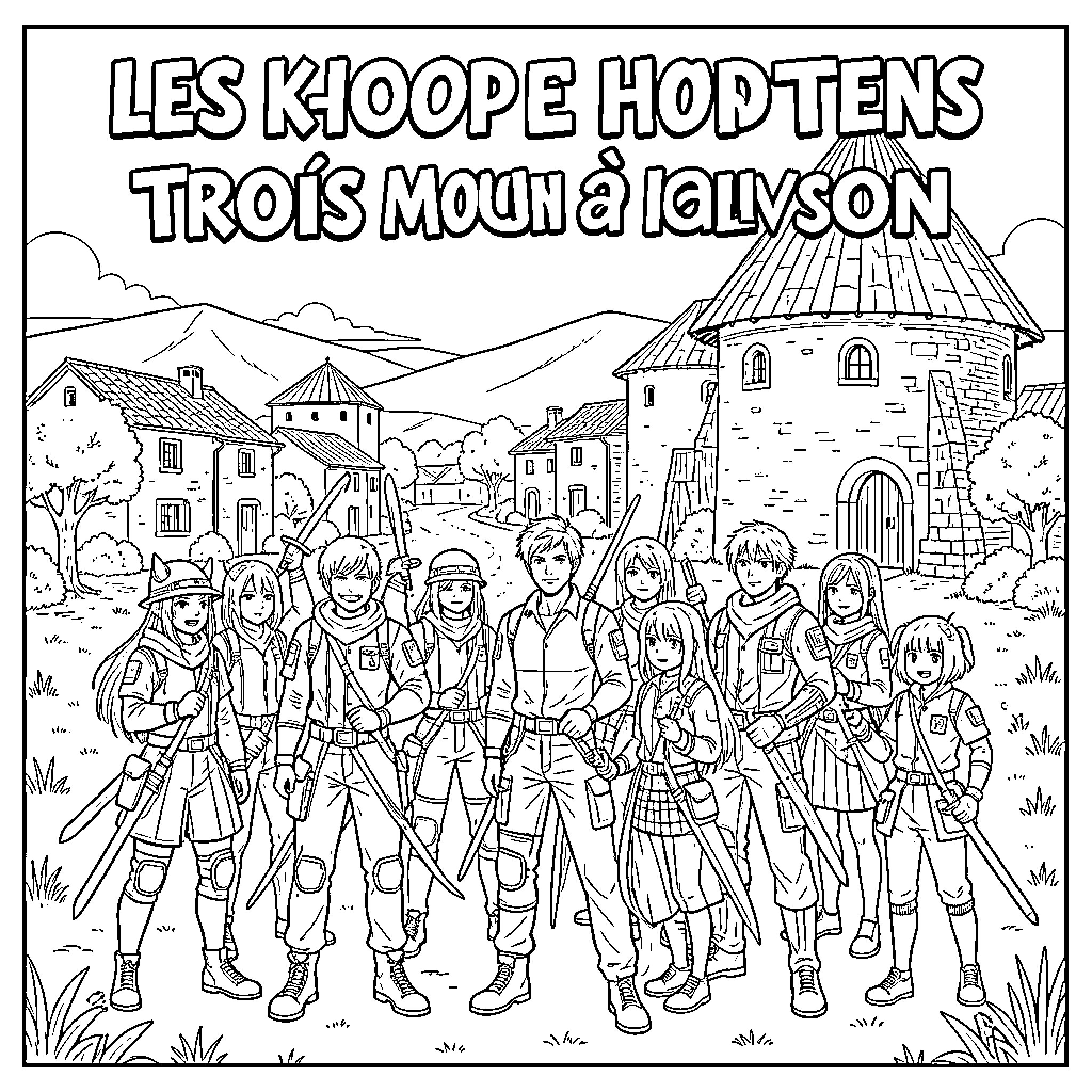 K Pop style characters posing in a fantasy village Coloring Page (free black-and-white line drawing printable PDF for all, from beginners to advanced learners, including children, teens, adults, and seniors)