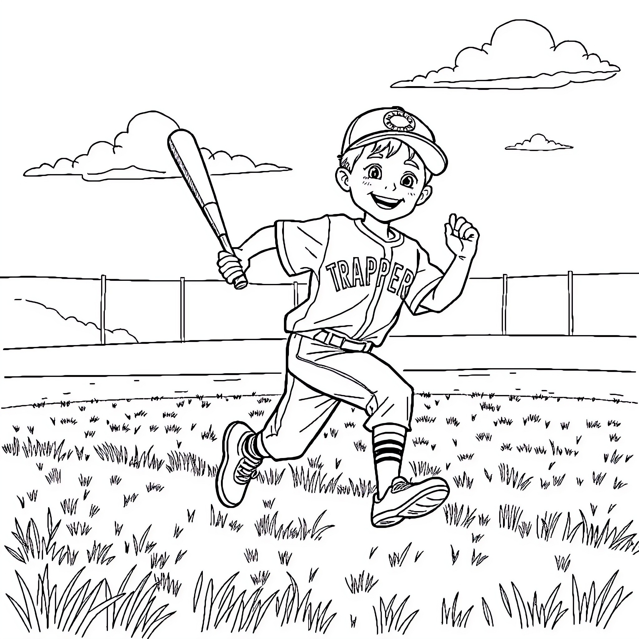 Child playing baseball on the field Coloring Page (free black-and-white line drawing printable PDF for all, from beginners to advanced learners, including children, teens, adults, and seniors)