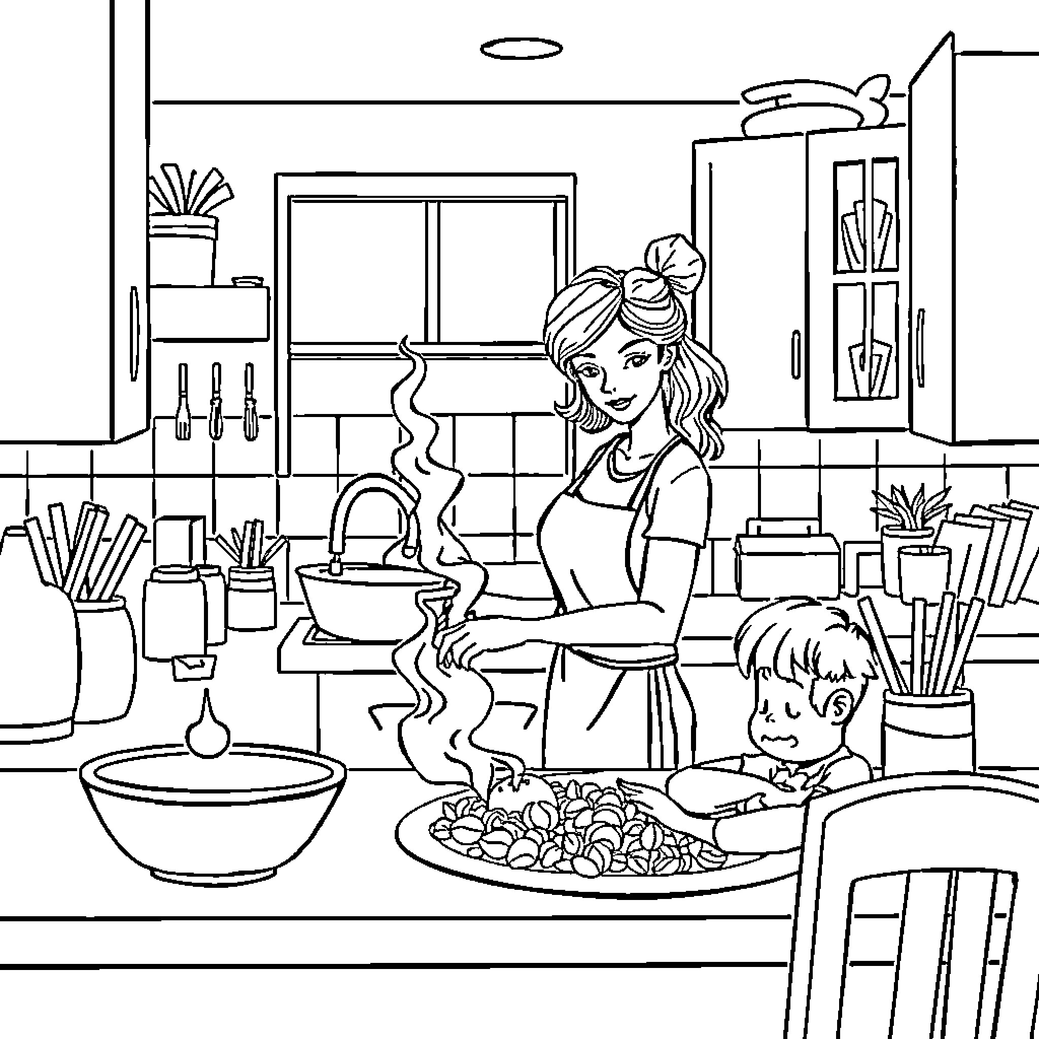 Mom Cooking a Meal with Child in the Kitchen Coloring Page (free black-and-white line drawing printable PDF for all, from beginners to advanced learners, including children, teens, adults, and seniors)