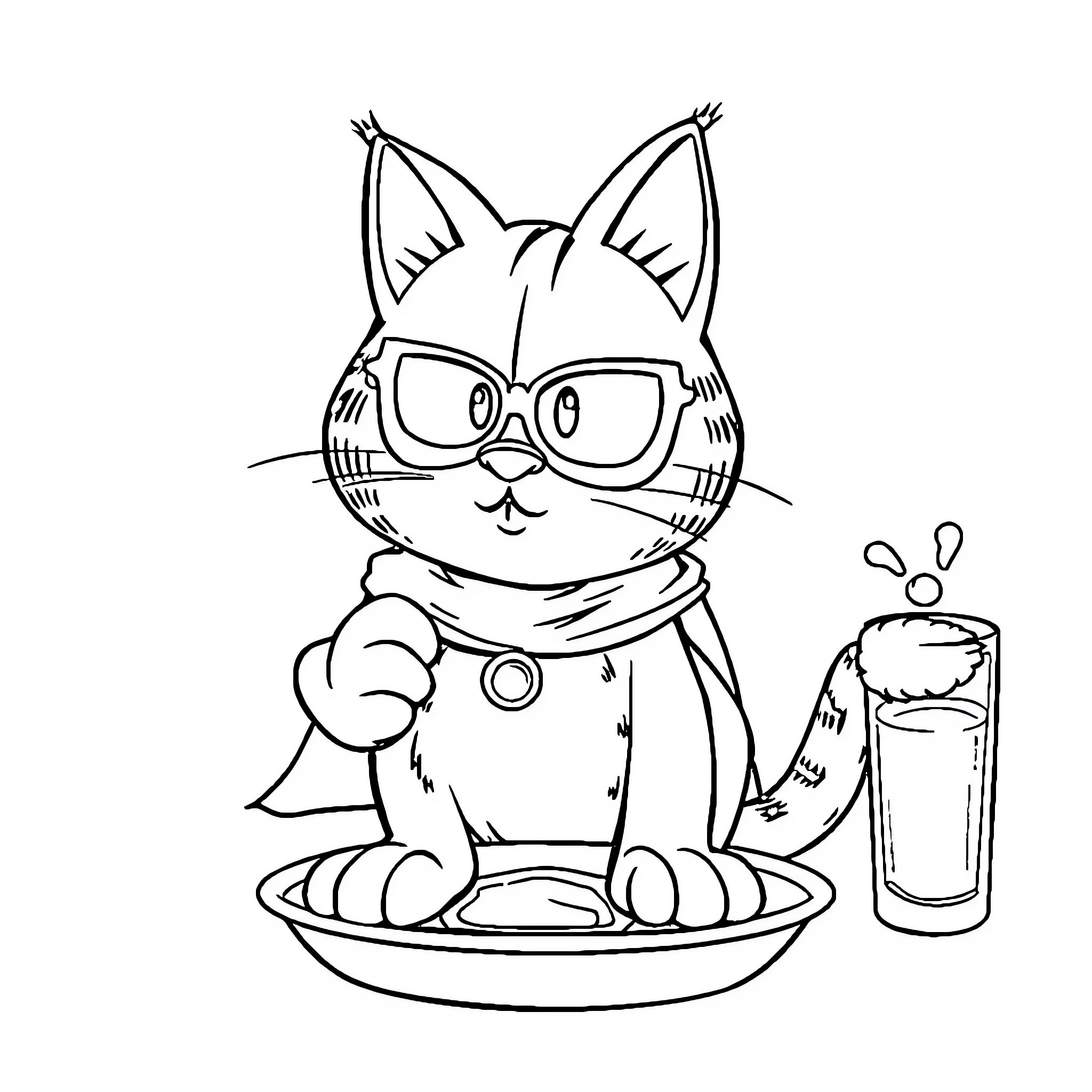 Gato wearing glasses and scarf enjoying snack Coloring Page (free black-and-white line drawing printable PDF for all, from beginners to advanced learners, including children, teens, adults, and seniors)