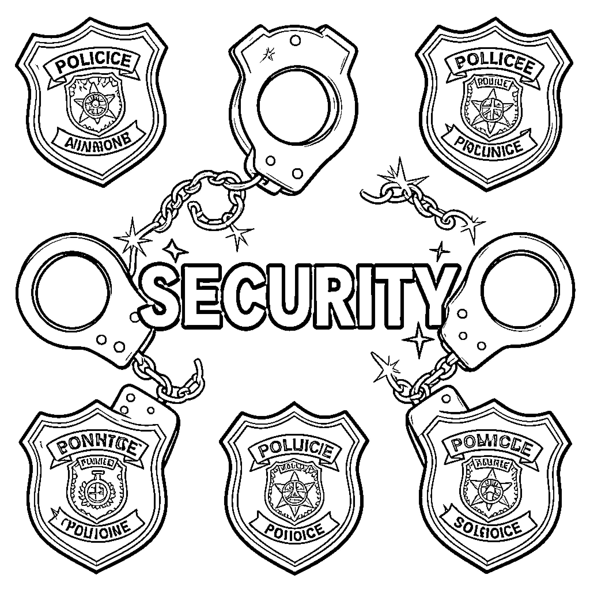 Security theme featuring handcuffs and police badges Coloring Page (free black-and-white line drawing printable PDF for all, from beginners to advanced learners, including children, teens, adults, and seniors)
