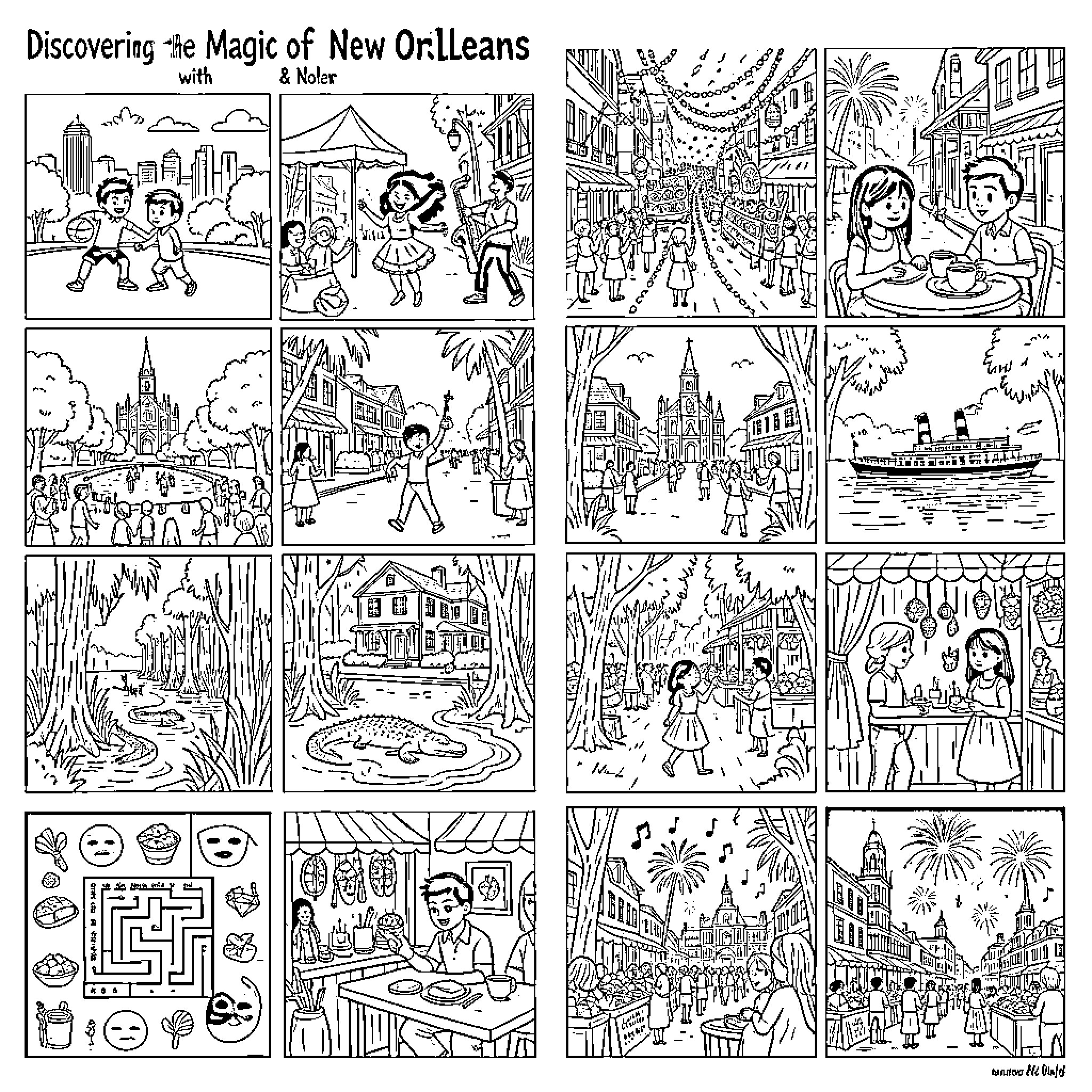 Xa’ and Nolan exploring various scenes in New Orleans Coloring Page (free black-and-white line drawing printable PDF for all, from beginners to advanced learners, including children, teens, adults, and seniors)