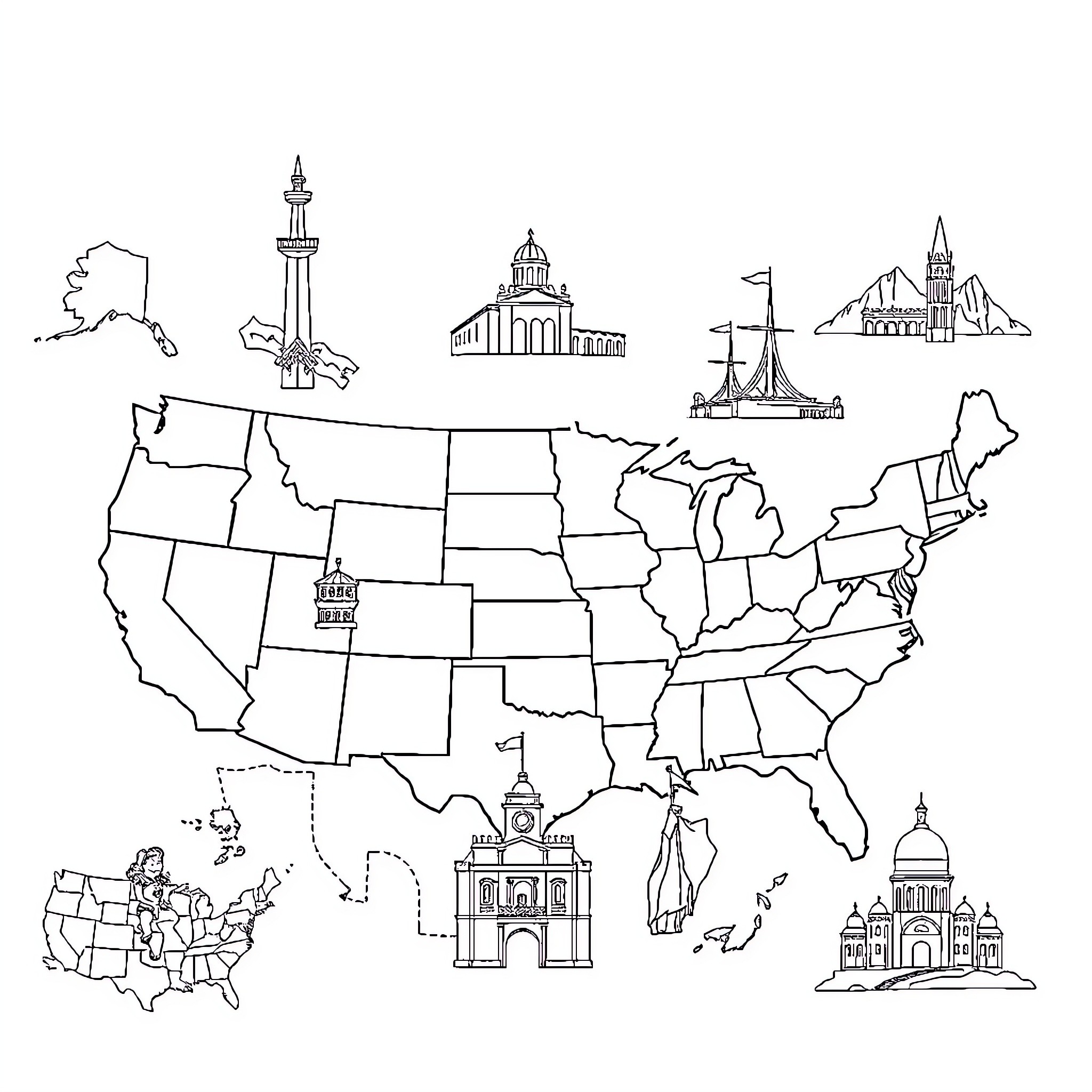 State Landmarks of the United States Coloring Page (free black-and-white line drawing printable PDF for all, from beginners to advanced learners, including children, teens, adults, and seniors)