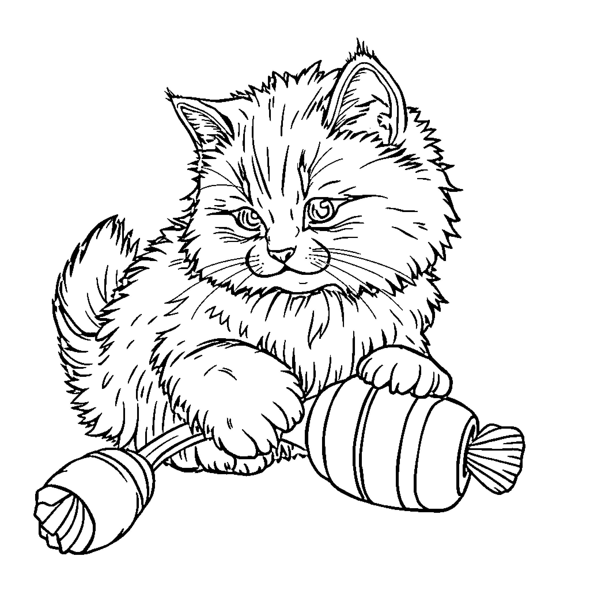 Cat with bandaged paw resting on candy cane Coloring Page (free black-and-white line drawing printable PDF for all, from beginners to advanced learners, including children, teens, adults, and seniors)