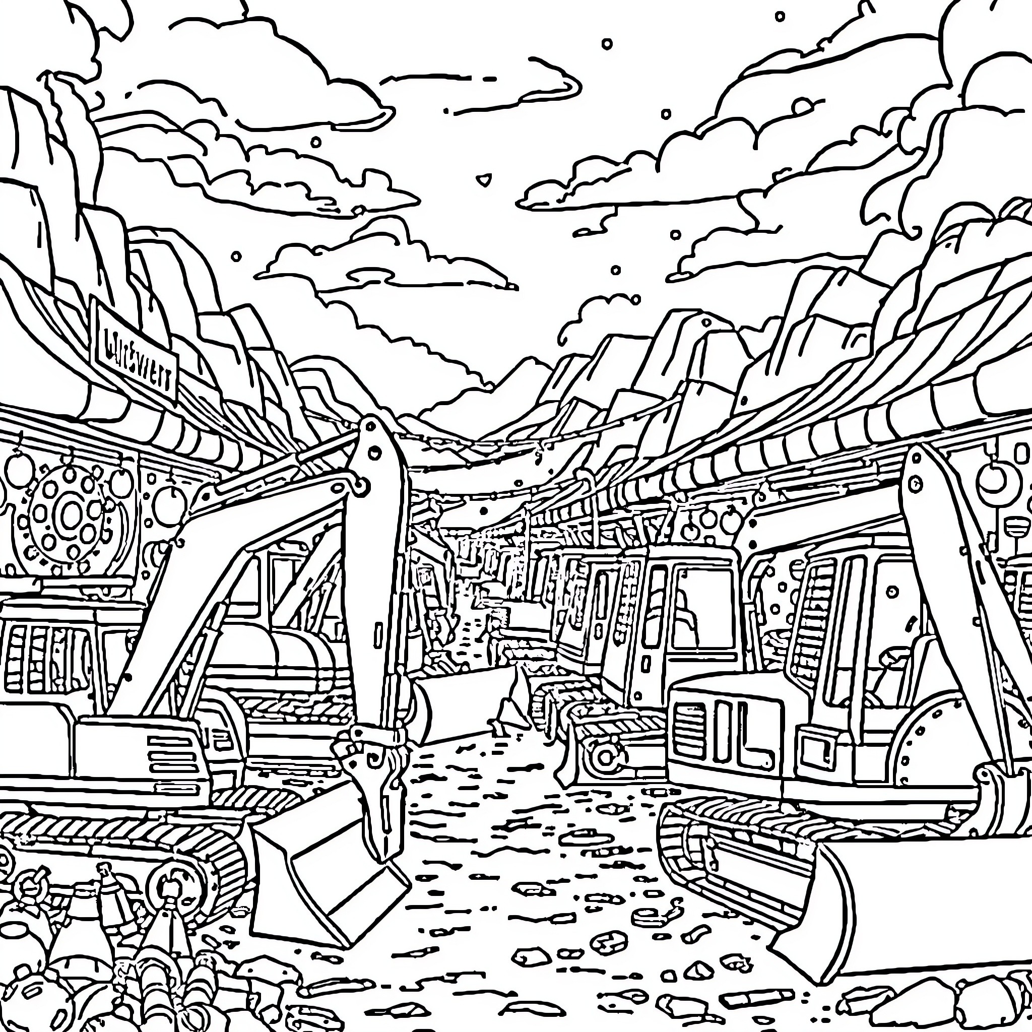 Excavator working in a mountainous landscape Coloring Page (free black-and-white line drawing printable PDF for all, from beginners to advanced learners, including children, teens, adults, and seniors)