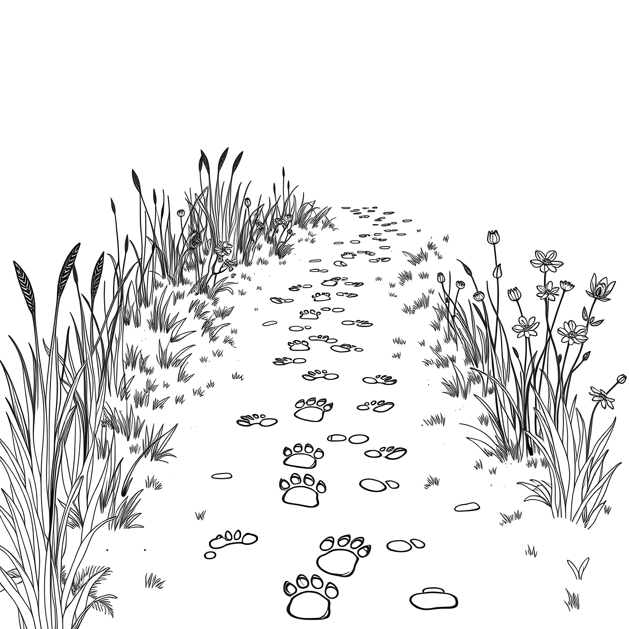 Animal Footprint on a Grassy Pathway Coloring Page (free black-and-white line drawing printable PDF for all, from beginners to advanced learners, including children, teens, adults, and seniors)