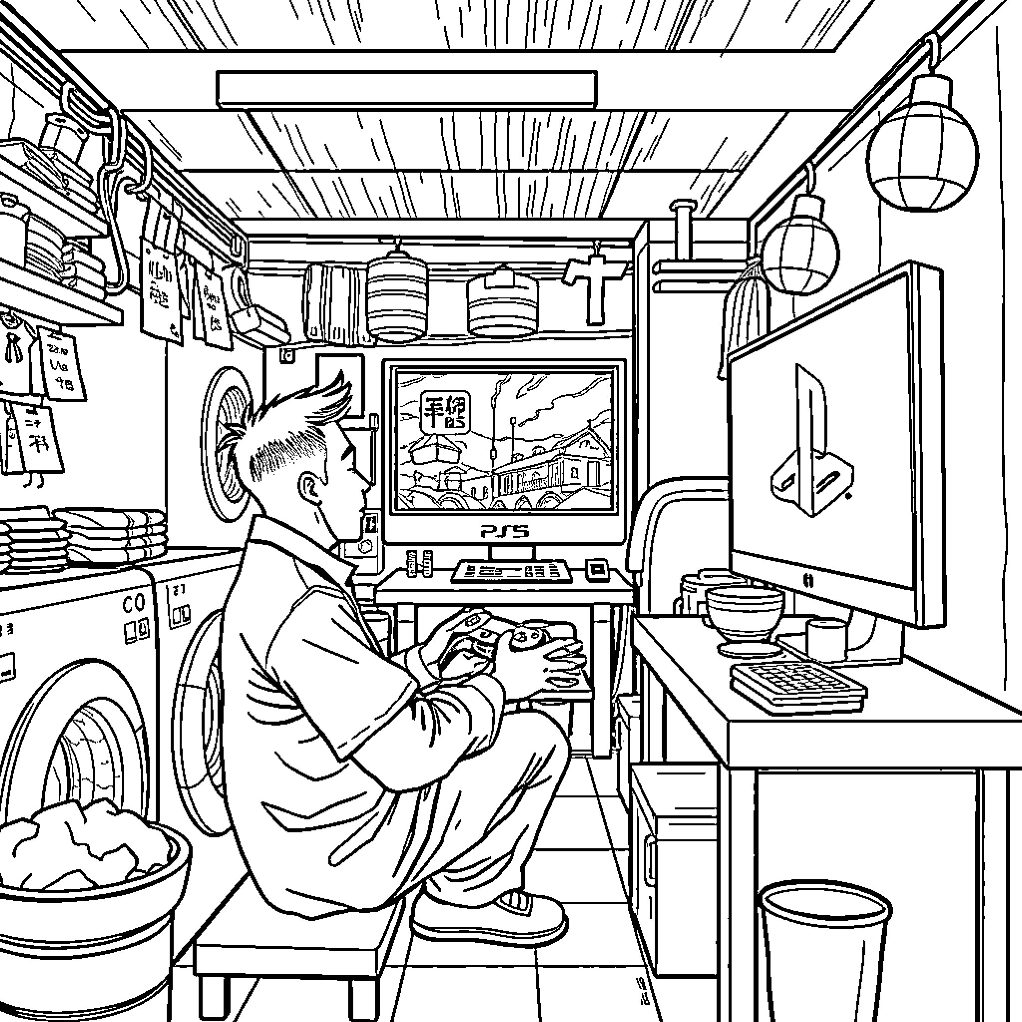 Man playing video game in cluttered basement Coloring Page (free black-and-white line drawing printable PDF for all, from beginners to advanced learners, including children, teens, adults, and seniors)