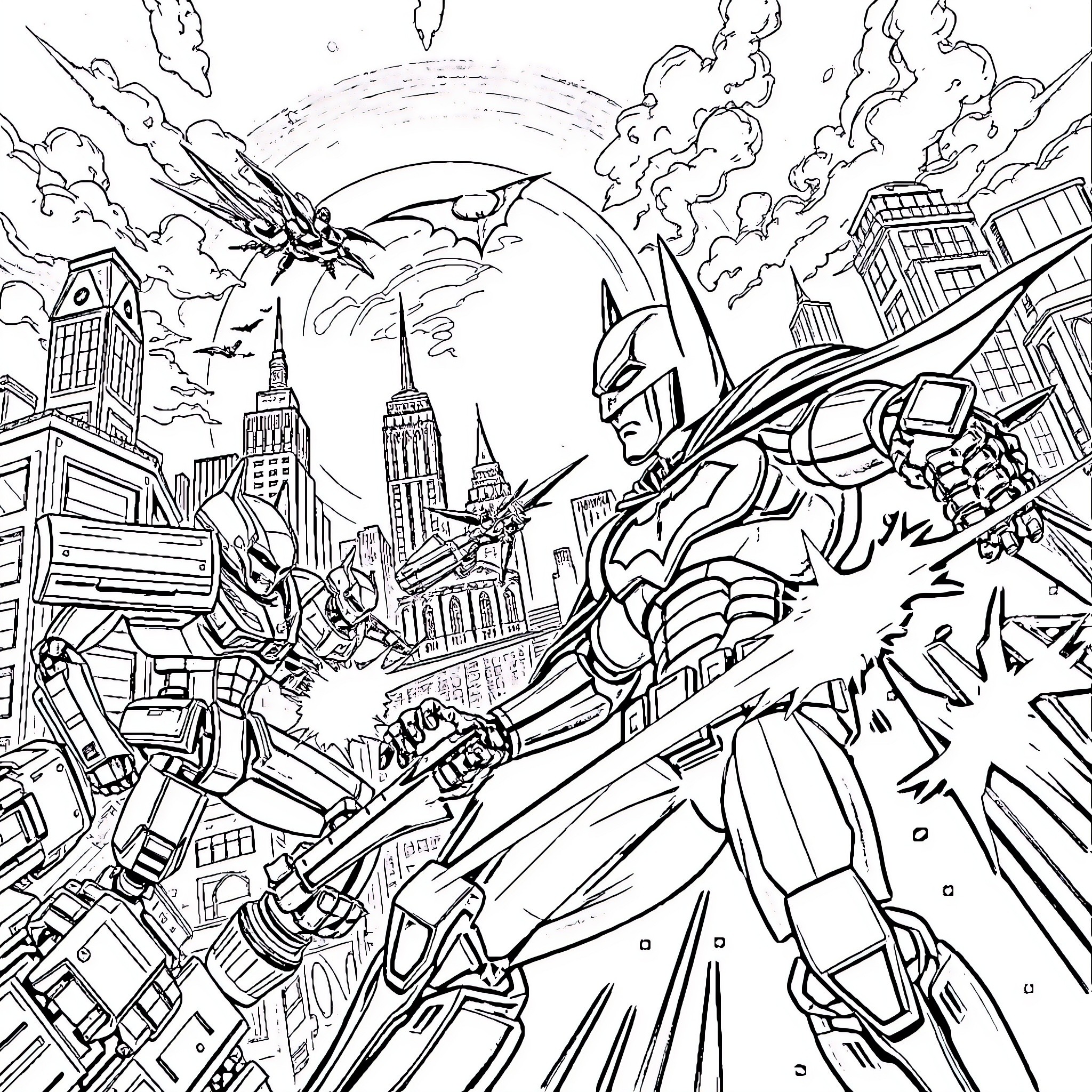 Robot hero battles foes in urban cityscape Coloring Page (free black-and-white line drawing printable PDF for all, from beginners to advanced learners, including children, teens, adults, and seniors)