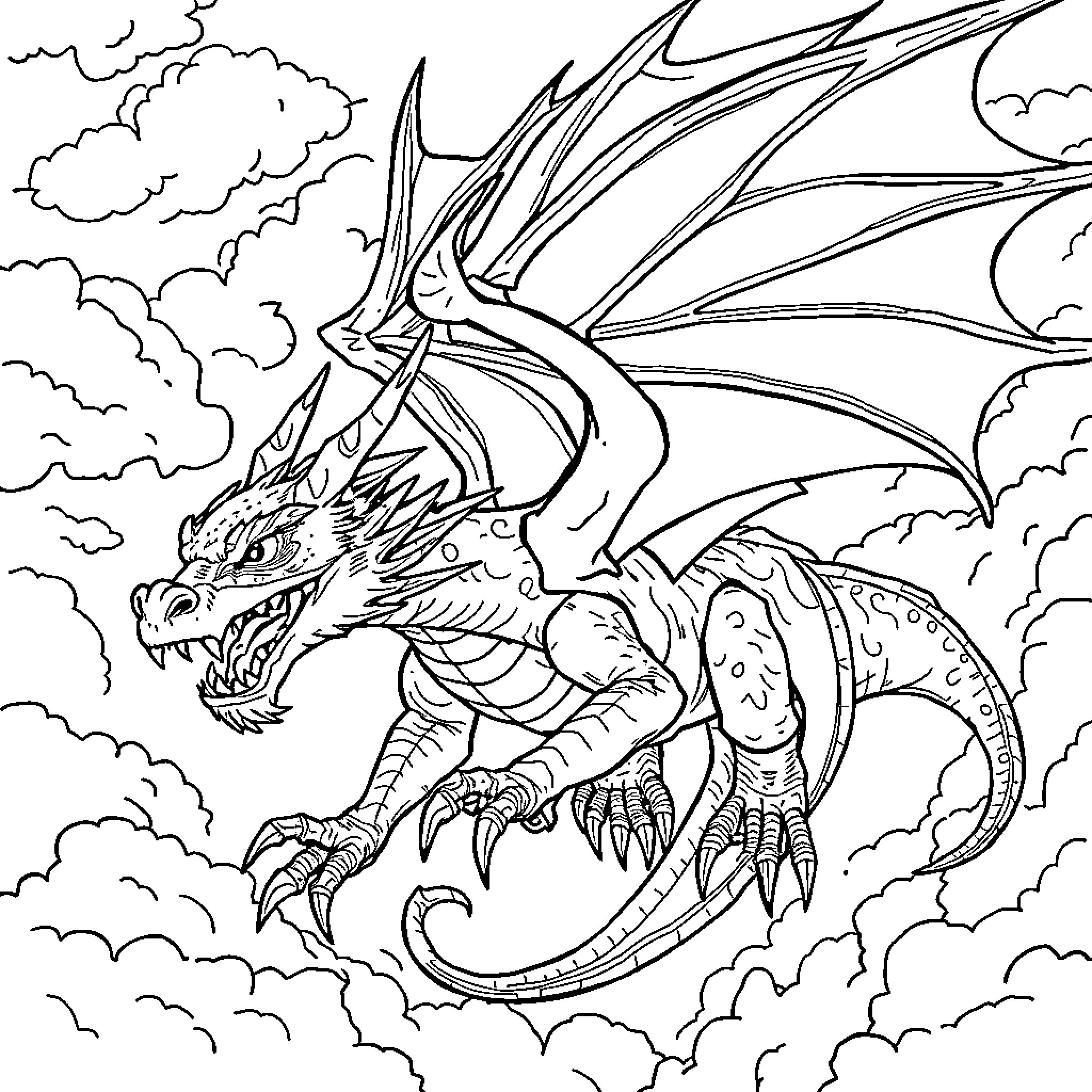 Dragon soaring fiercely through the clouds Coloring Page (free black-and-white line drawing printable PDF for all, from beginners to advanced learners, including children, teens, adults, and seniors)