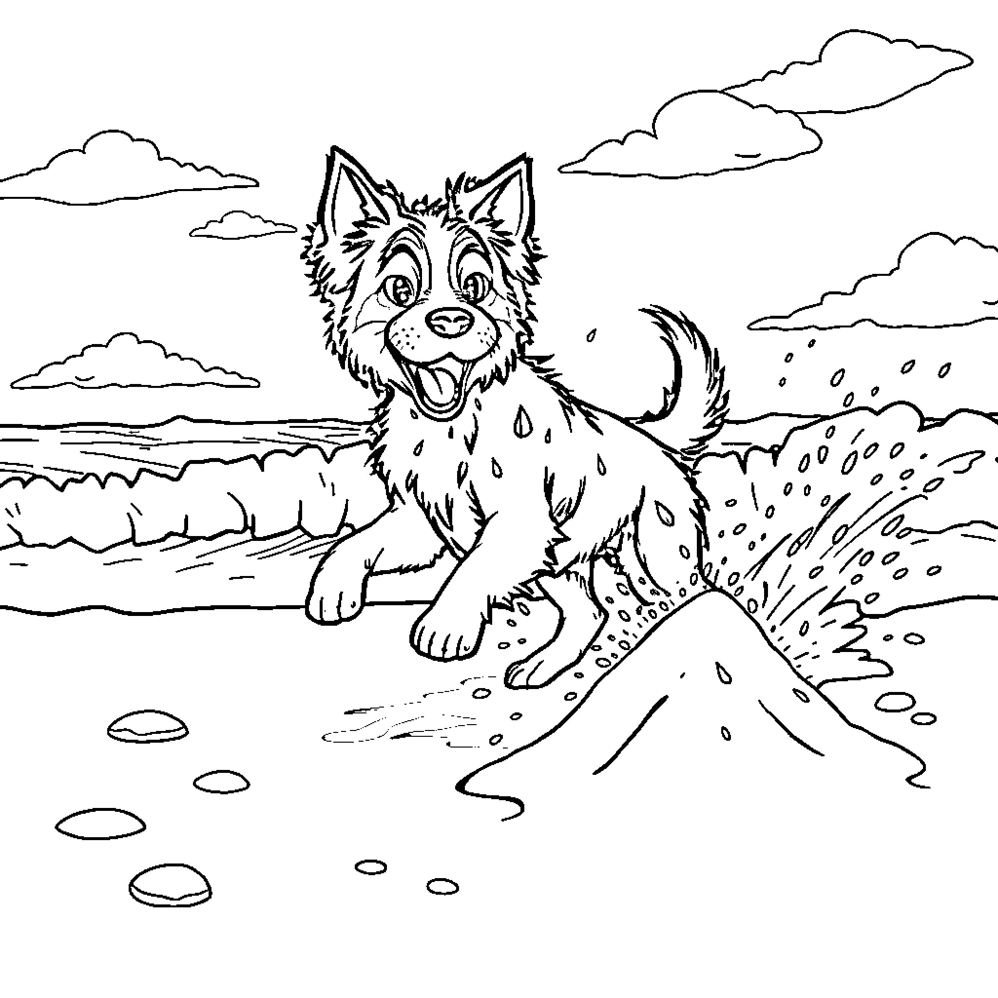 Paw Patrol - Puppy playing on the beach Coloring Page (free black-and-white line drawing printable PDF for all, from beginners to advanced learners, including children, teens, adults, and seniors)