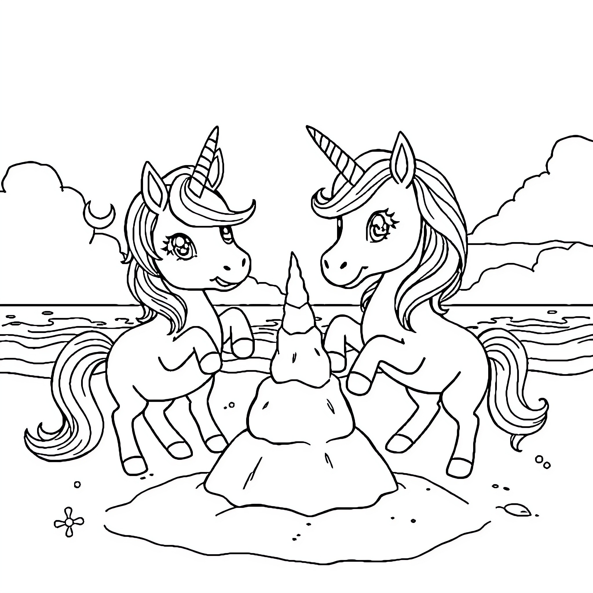 Unicorn friends building a sand castle on the beach Coloring Page (free black-and-white line drawing printable PDF for all, from beginners to advanced learners, including children, teens, adults, and seniors)