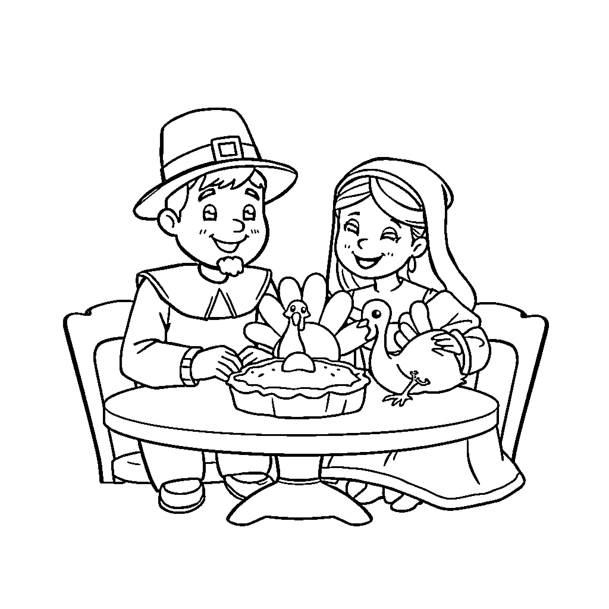 Pilgrim couple enjoying Thanksgiving meal together Coloring Page (free black-and-white line drawing printable PDF for all, from beginners to advanced learners, including children, teens, adults, and seniors)