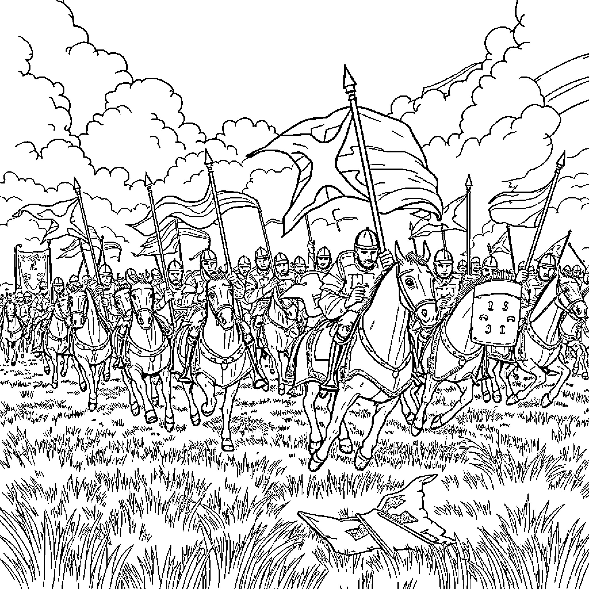 William Leads an Army in Battle with Flags Coloring Page (free black-and-white line drawing printable PDF for all, from beginners to advanced learners, including children, teens, adults, and seniors)