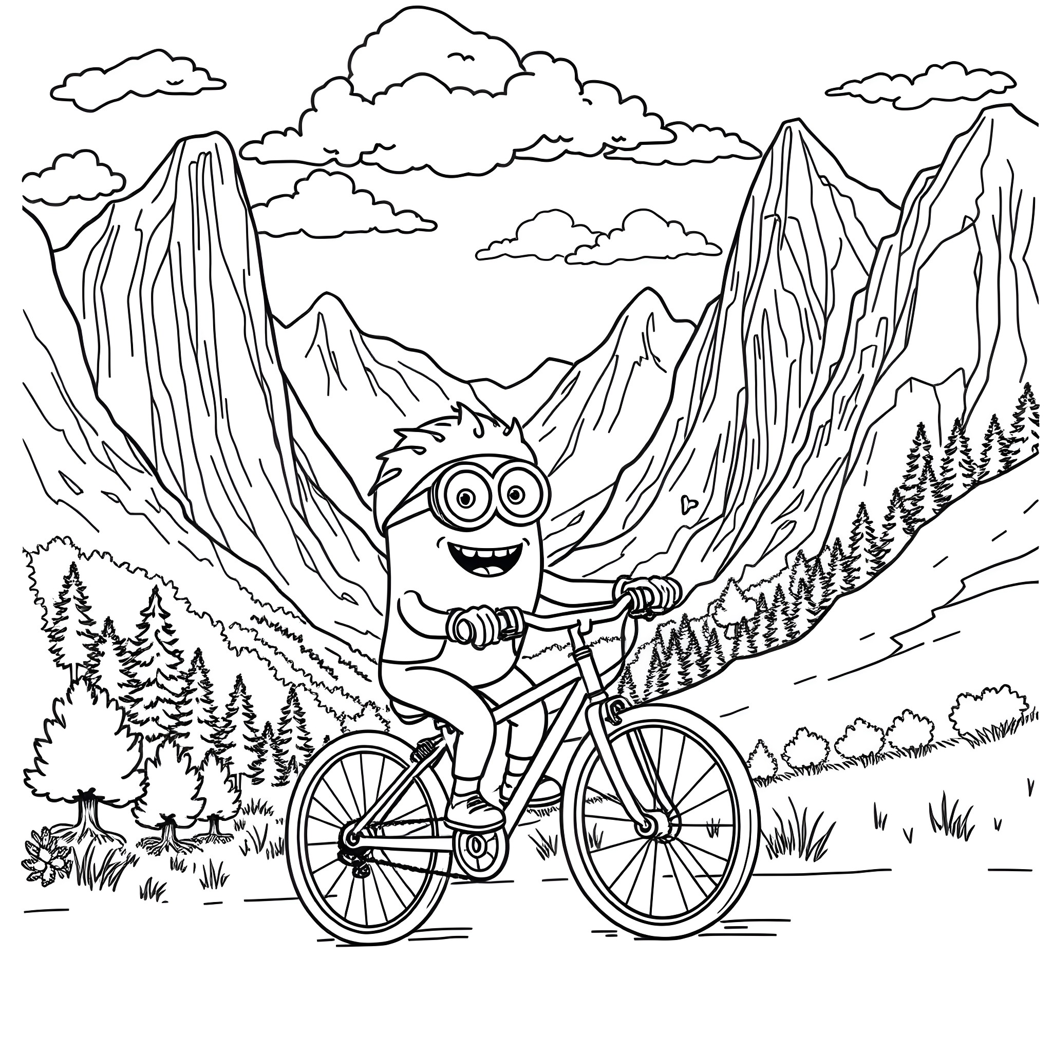 Minion riding bicycle through scenic mountain landscape Coloring Page (free black-and-white line drawing printable PDF for all, from beginners to advanced learners, including children, teens, adults, and seniors)