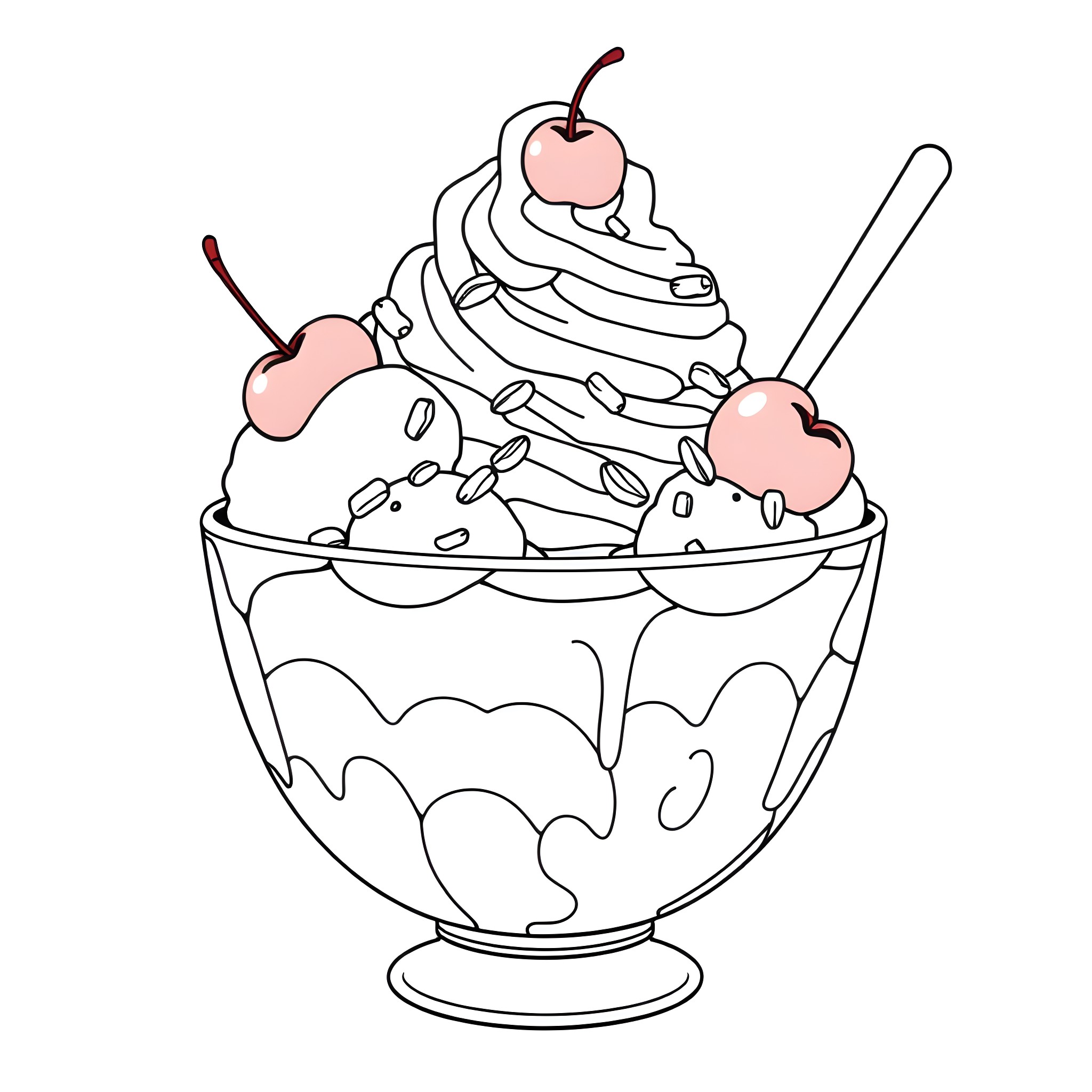 Ice Cream Sundae with Toppings and Cherries Coloring Page (free black-and-white line drawing printable PDF for all, from beginners to advanced learners, including children, teens, adults, and seniors)
