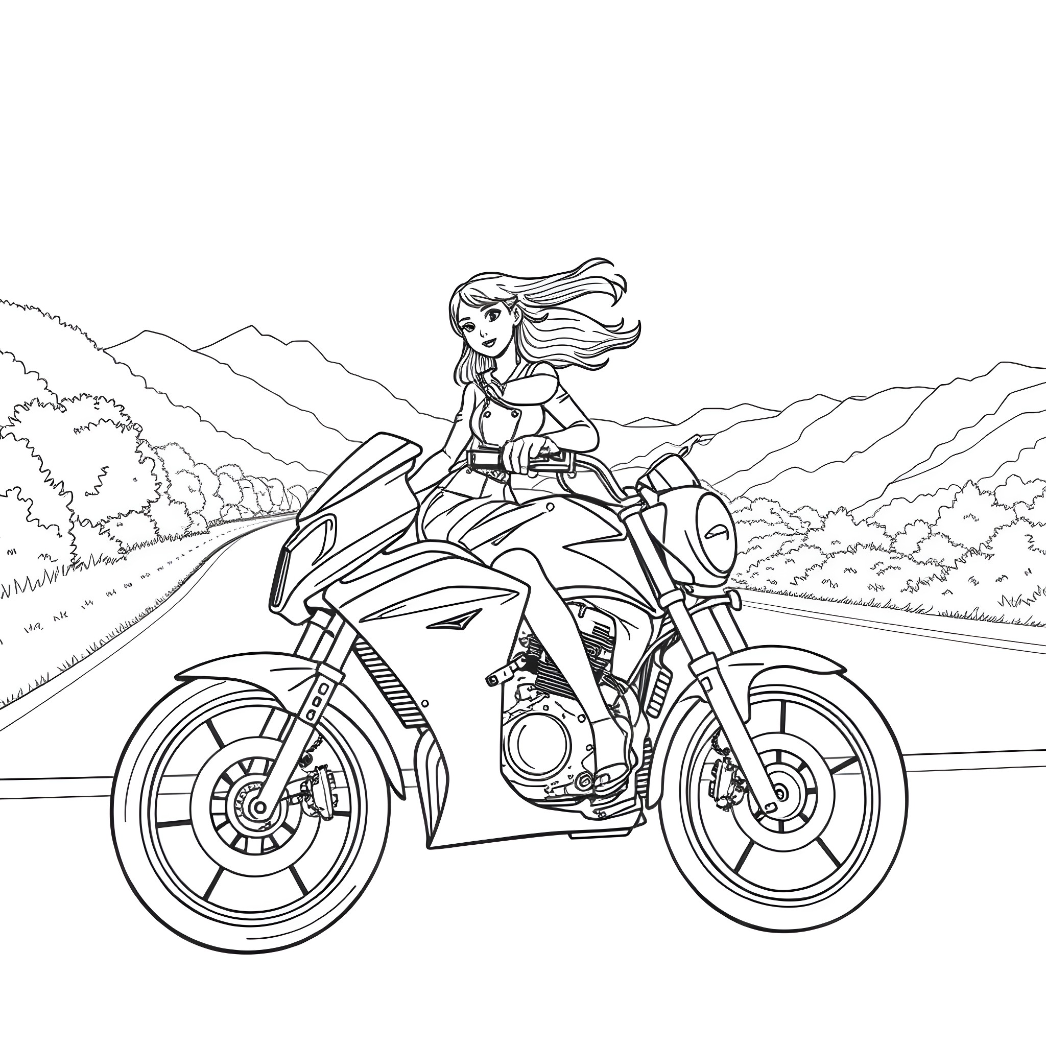 Lady Riding Motorcycle on Mountain Road Coloring Page (free black-and-white line drawing printable PDF for all, from beginners to advanced learners, including children, teens, adults, and seniors)