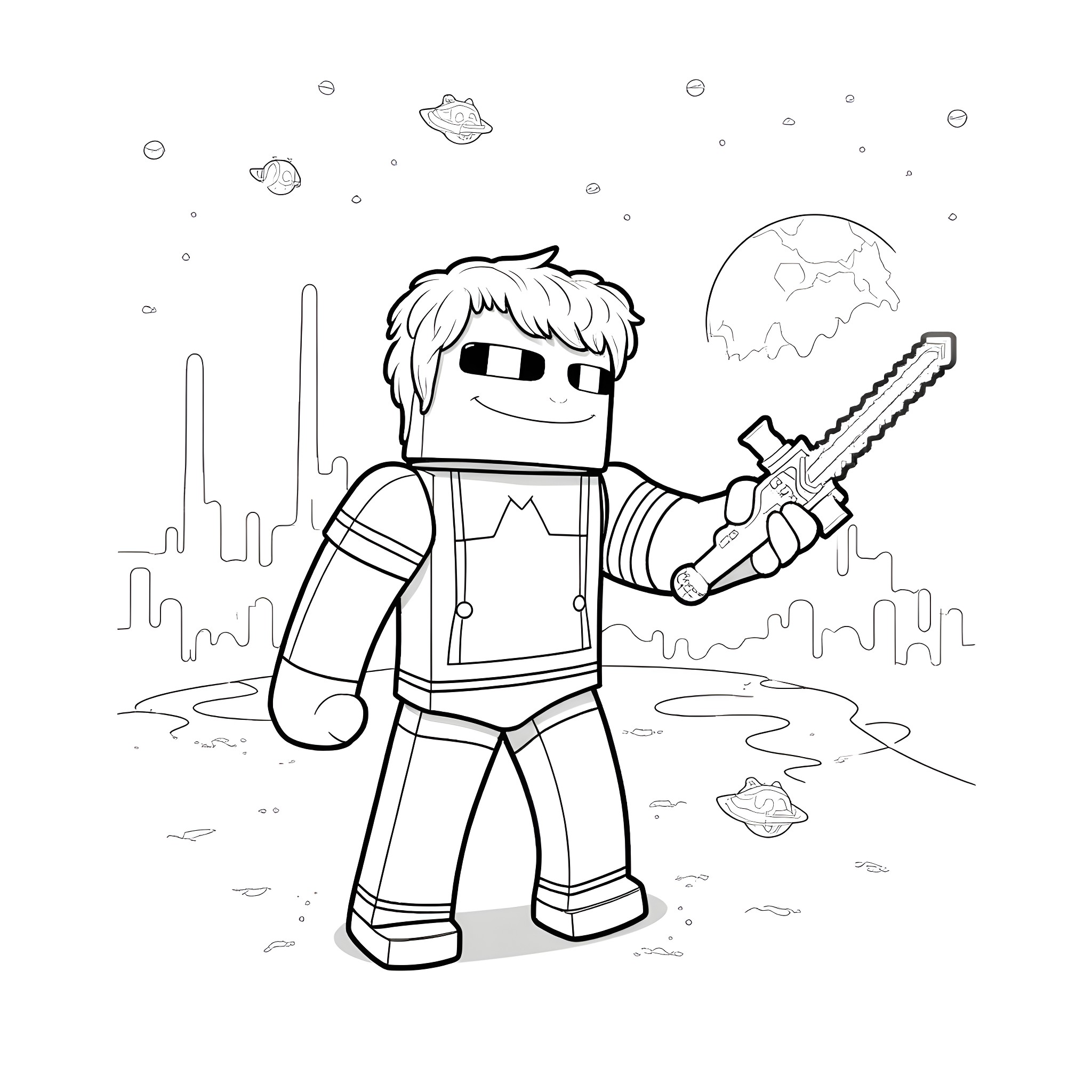 Character exploring a futuristic sci-fi landscape with a laser sword Coloring Page (free black-and-white line drawing printable PDF for all, from beginners to advanced learners, including children, teens, adults, and seniors)