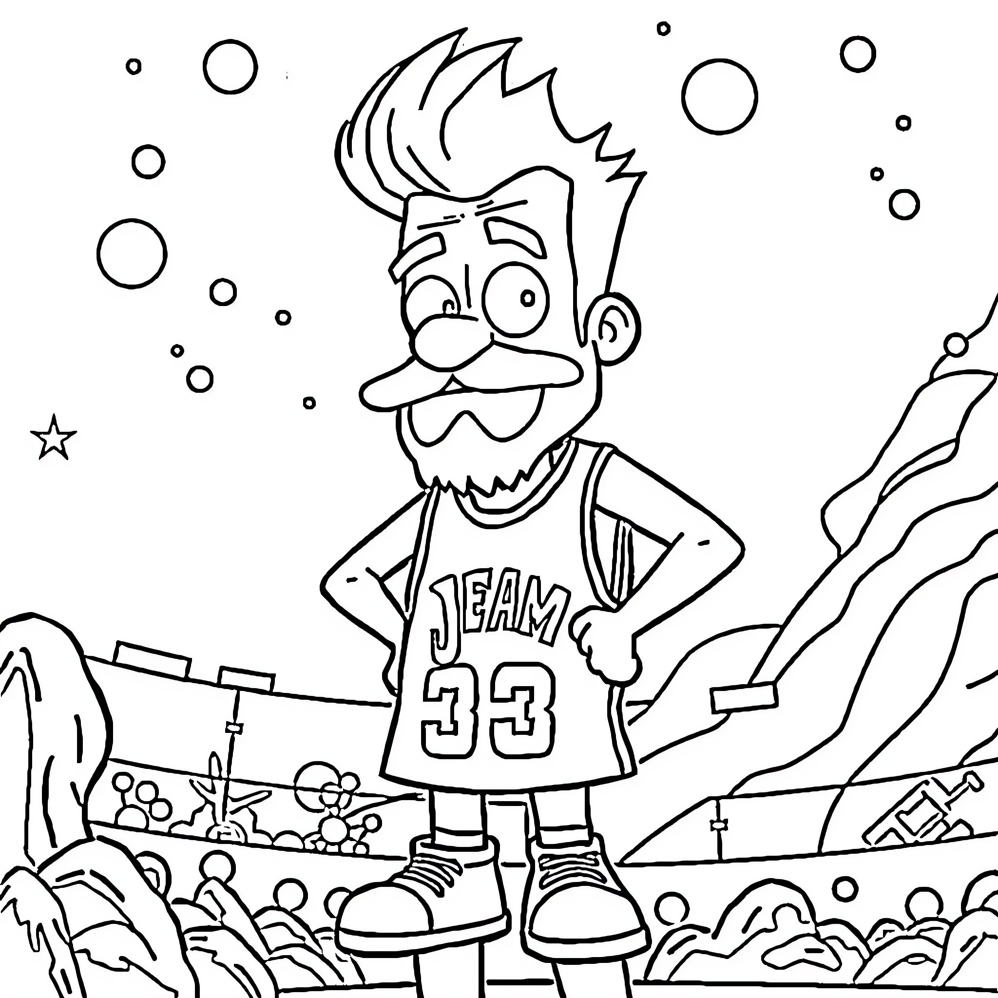 Walter White in a silly cartoon basketball outfit Coloring Page (free black-and-white line drawing printable PDF for all, from beginners to advanced learners, including children, teens, adults, and seniors)