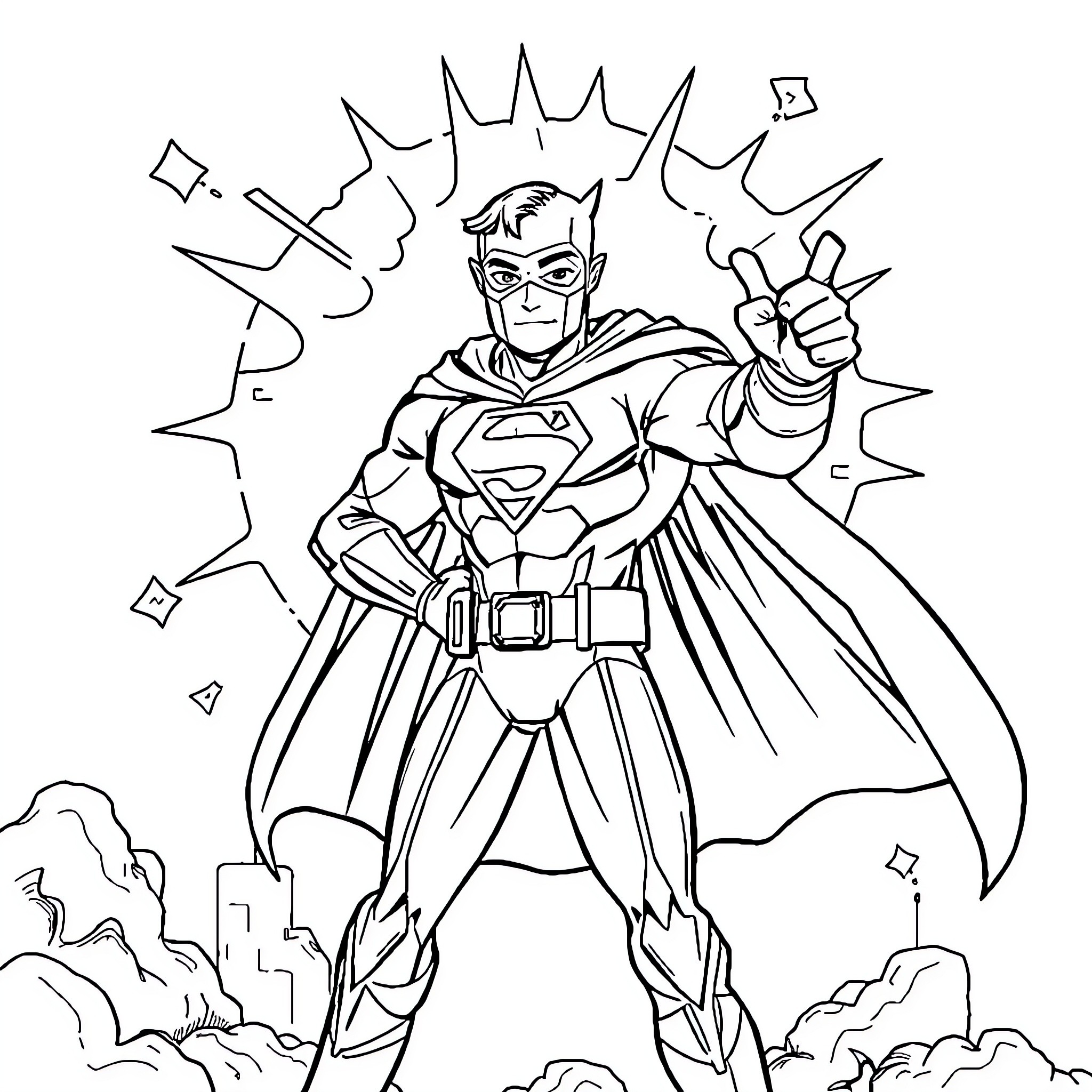 Superhero in Action Pose with City Skyline Coloring Page (free black-and-white line drawing printable PDF for all, from beginners to advanced learners, including children, teens, adults, and seniors)