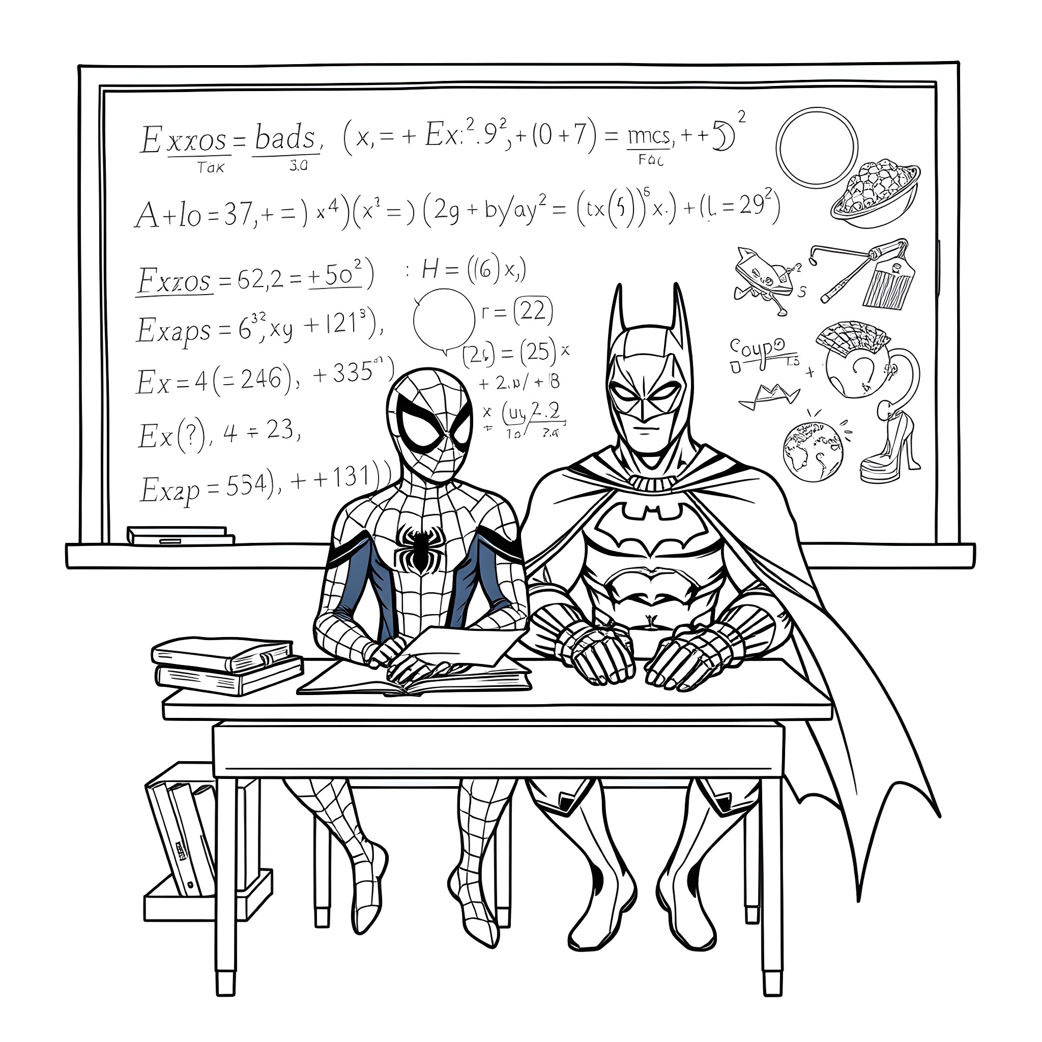 Spiderman and Batman studying complicated equations together Coloring Page (free black-and-white line drawing printable PDF for all, from beginners to advanced learners, including children, teens, adults, and seniors)