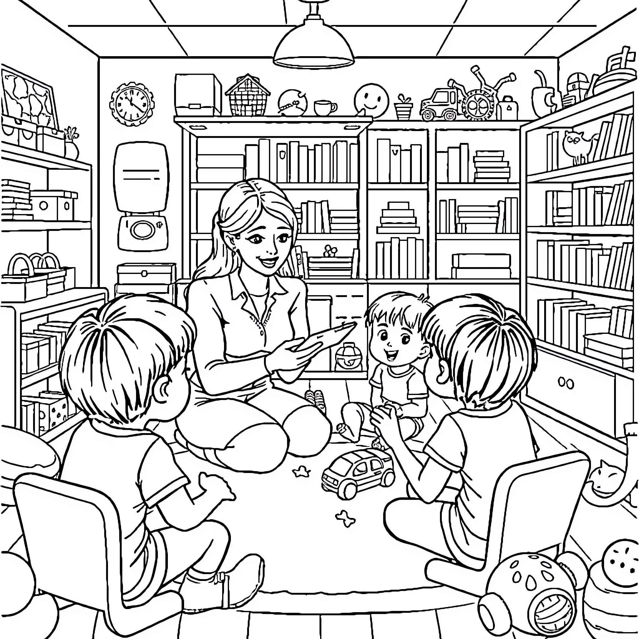 Therapist engages with children in playful session Coloring Page (free black-and-white line drawing printable PDF for all, from beginners to advanced learners, including children, teens, adults, and seniors)