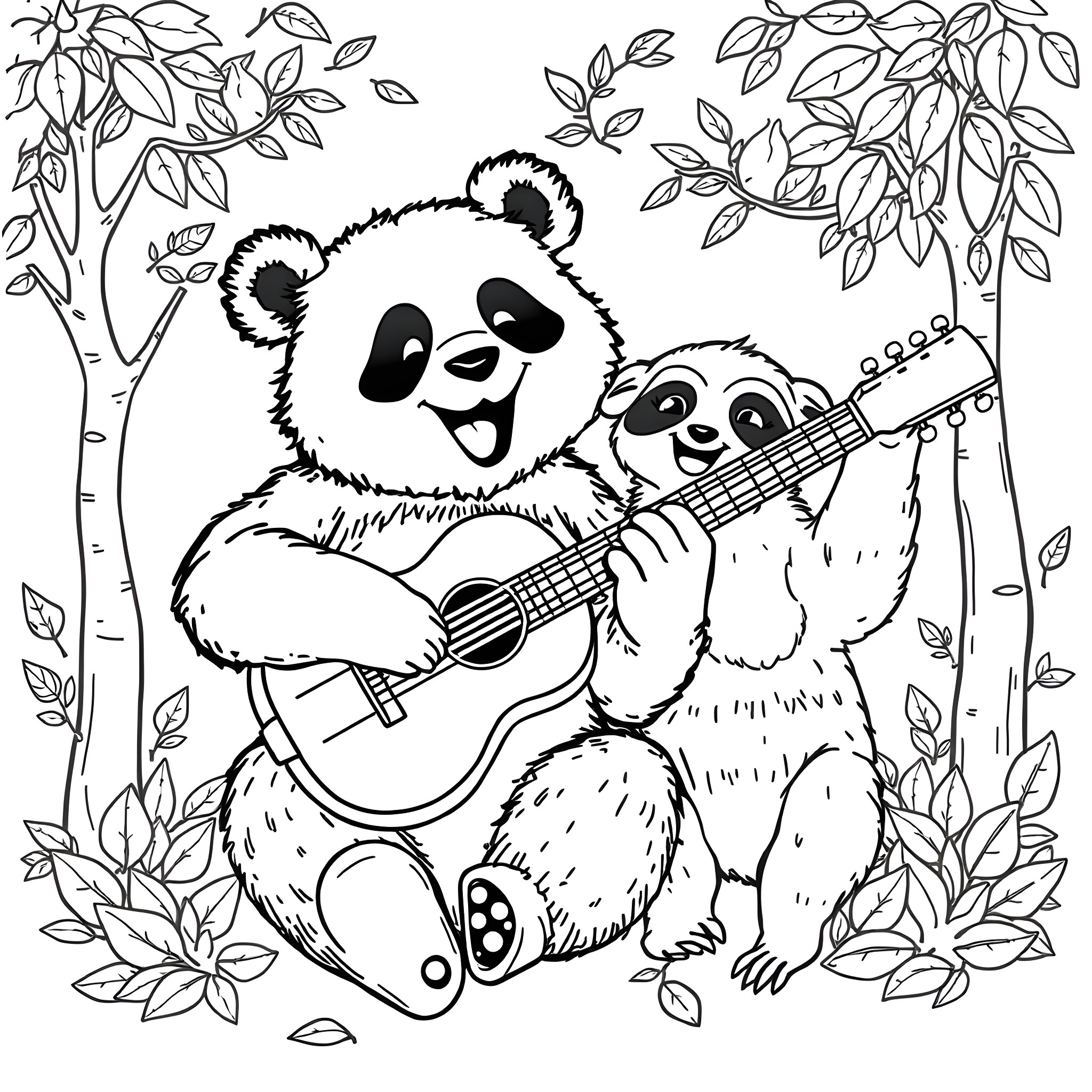Panda Bears Playing Music in the Forest Coloring Page (free black-and-white line drawing printable PDF for all, from beginners to advanced learners, including children, teens, adults, and seniors)