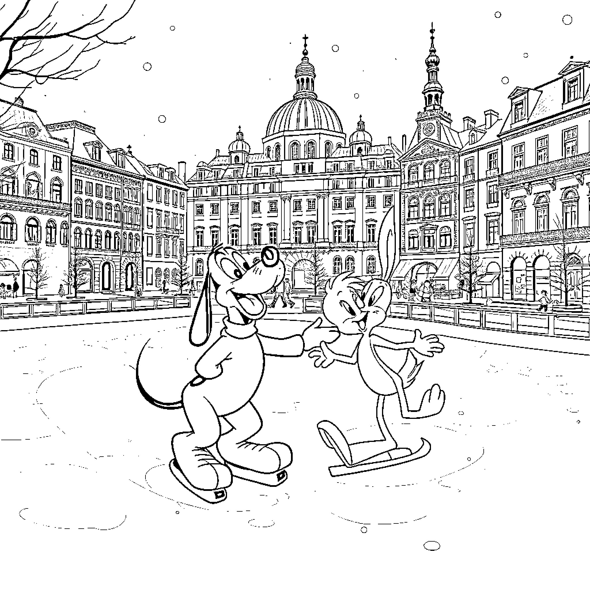 Dogs ice skating in a winter wonderland Coloring Page (free black-and-white line drawing printable PDF for all, from beginners to advanced learners, including children, teens, adults, and seniors)