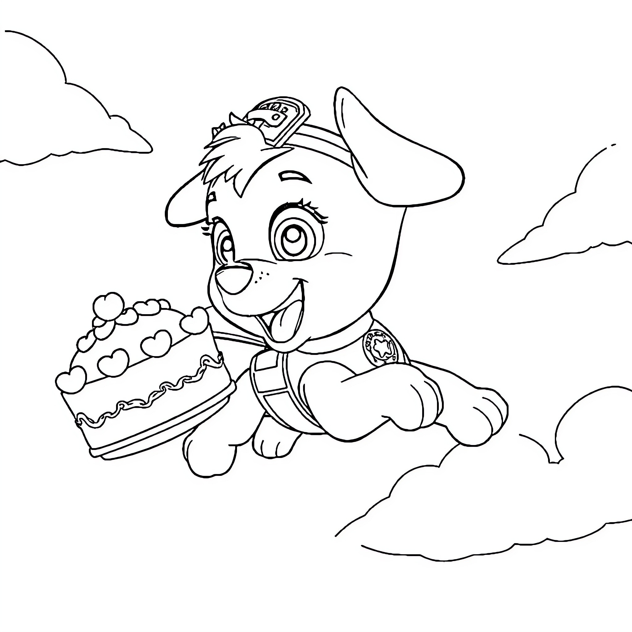 Skye Celebrating with Cake in the Sky Coloring Page (free black-and-white line drawing printable PDF for all, from beginners to advanced learners, including children, teens, adults, and seniors)