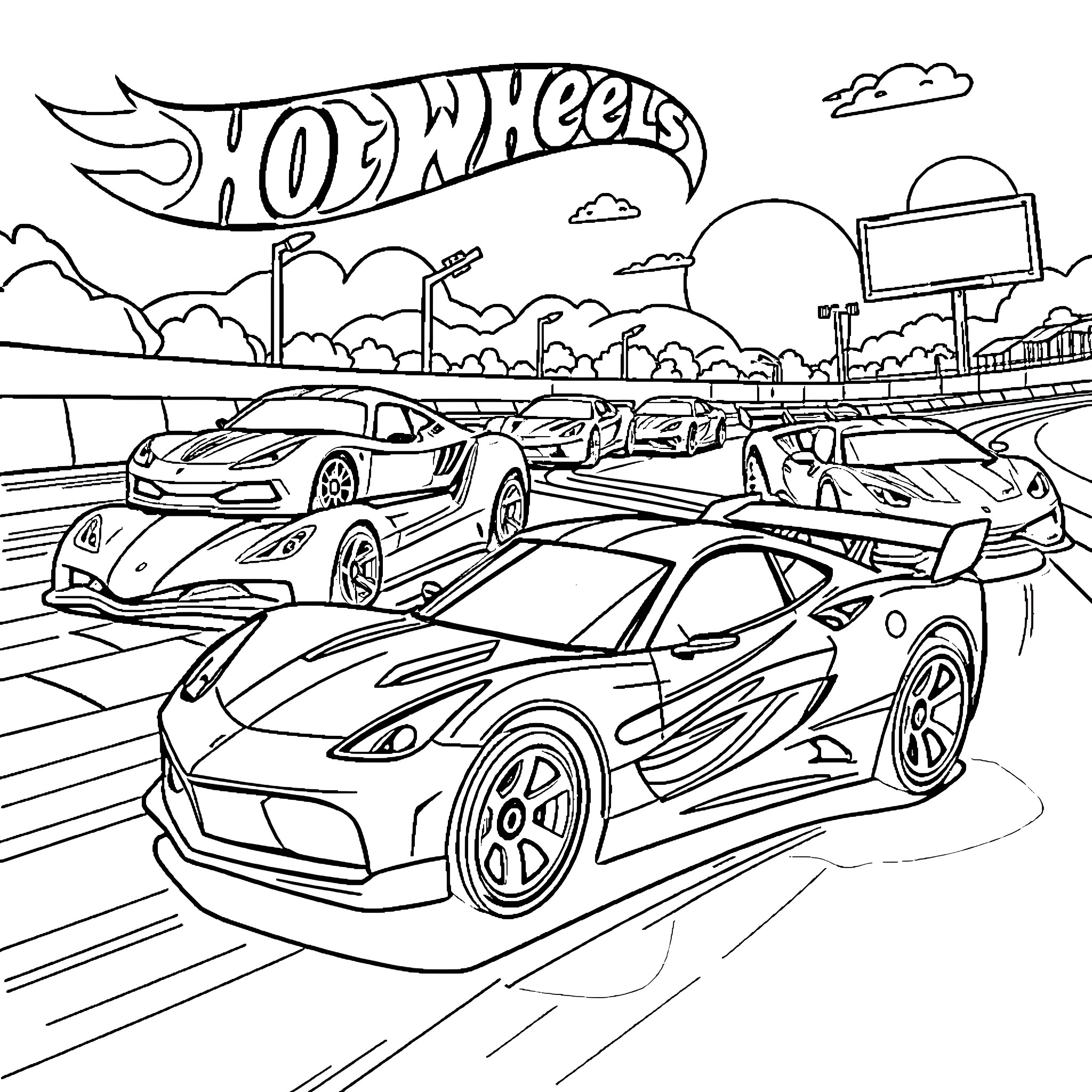 Hot Wheels racing action on the road Coloring Page (free black-and-white line drawing printable PDF for all, from beginners to advanced learners, including children, teens, adults, and seniors)
