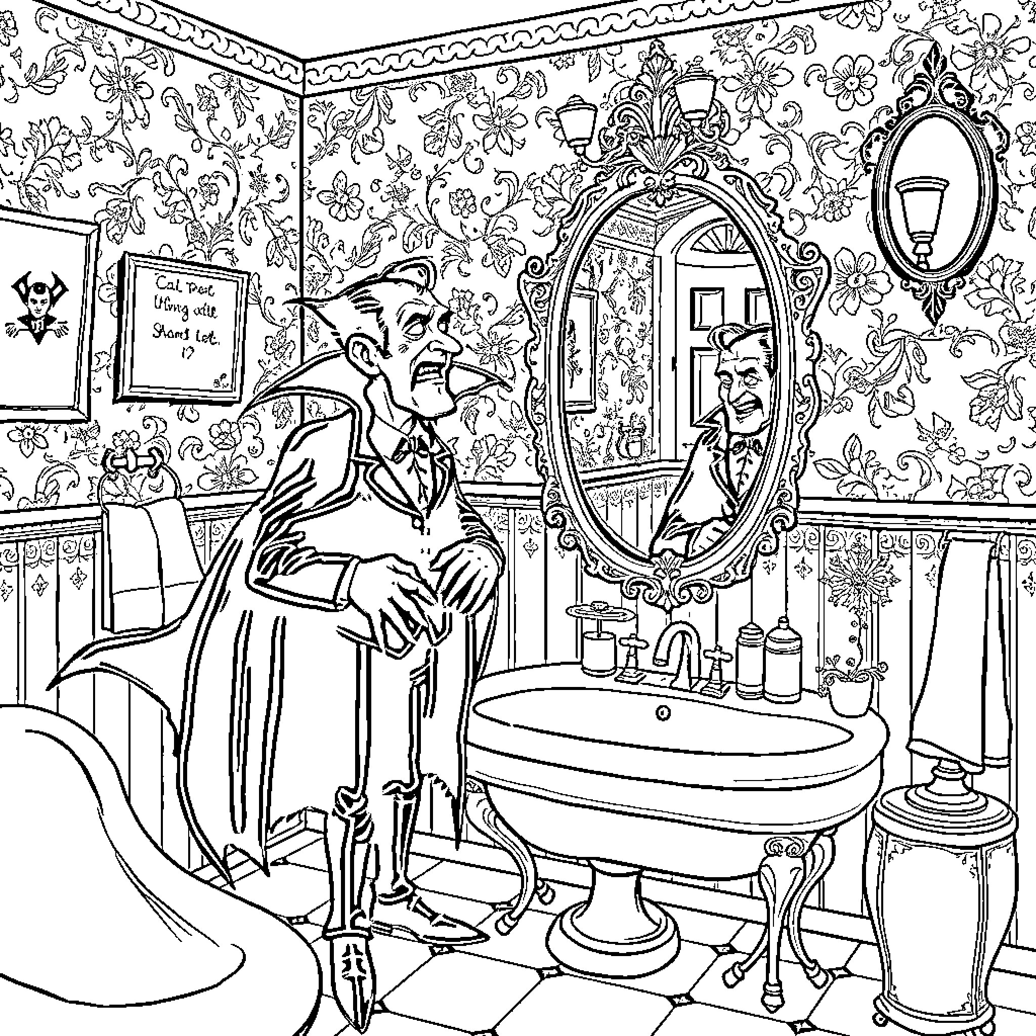Dracula's Luxurious Bathroom Encounter Coloring Page (free black-and-white line drawing printable PDF for all, from beginners to advanced learners, including children, teens, adults, and seniors)
