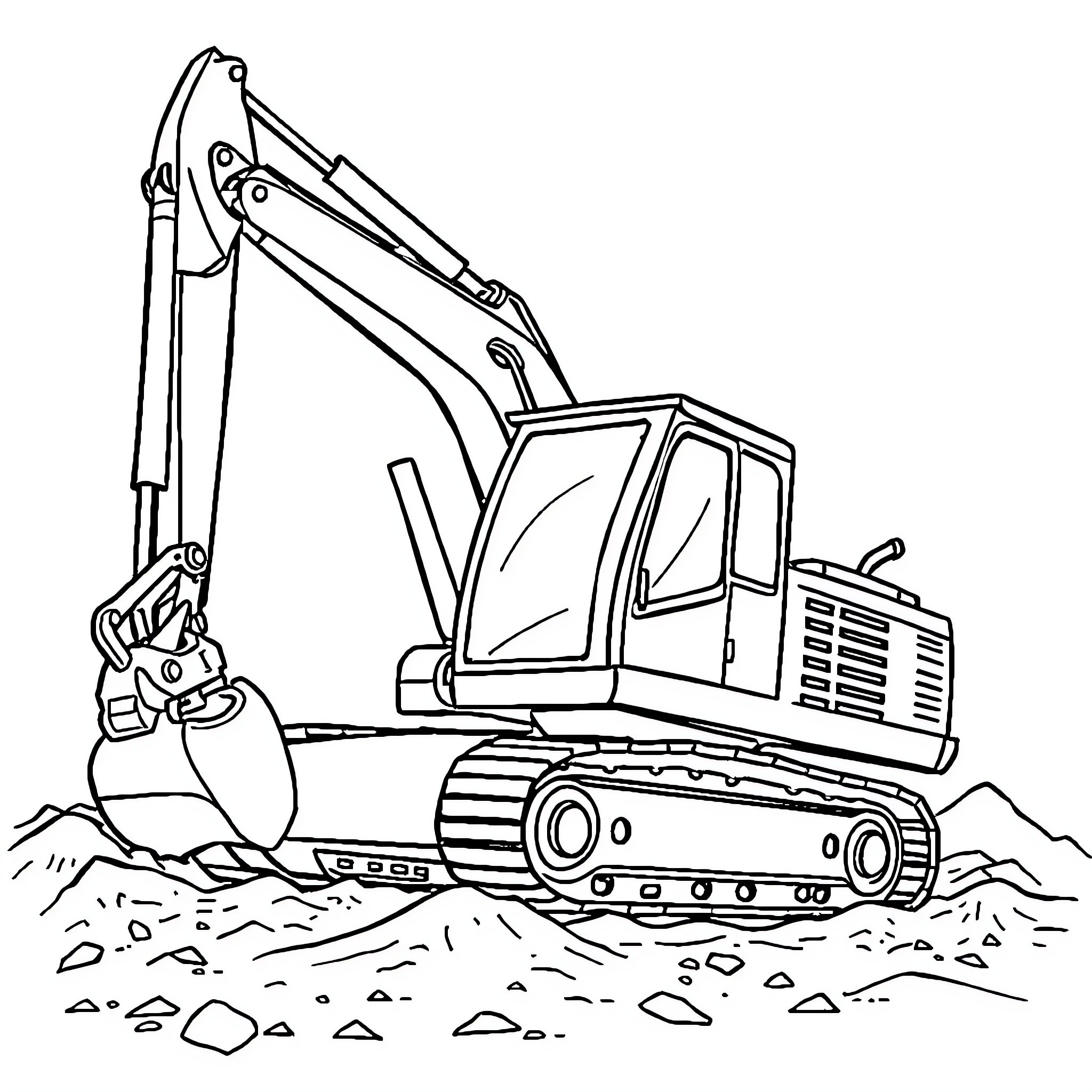 Excavator digging on construction site Coloring Page (free black-and-white line drawing printable PDF for all, from beginners to advanced learners, including children, teens, adults, and seniors)