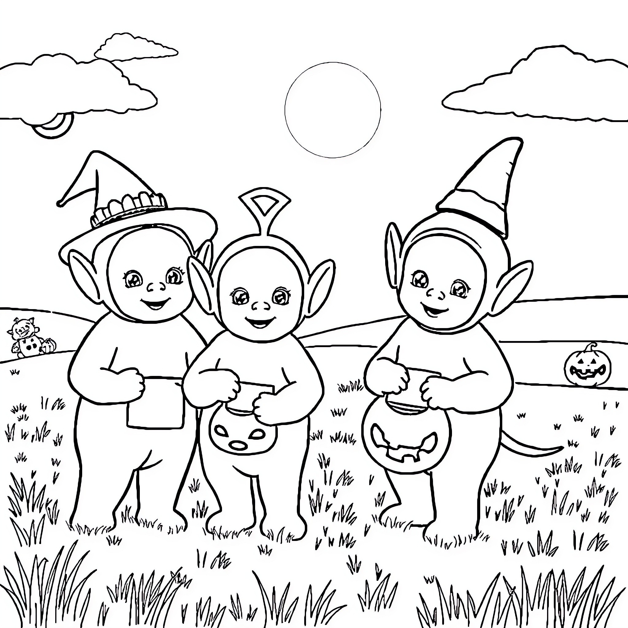Teletubbies dressed in Halloween costumes outdoors Coloring Page (free black-and-white line drawing printable PDF for all, from beginners to advanced learners, including children, teens, adults, and seniors)