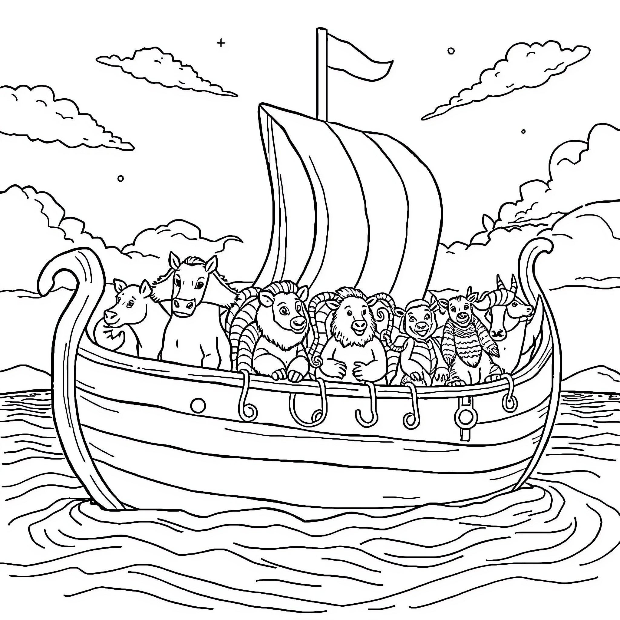 Noah's Ark with Animals Sailing on the Sea Coloring Page (free black-and-white line drawing printable PDF for all, from beginners to advanced learners, including children, teens, adults, and seniors)