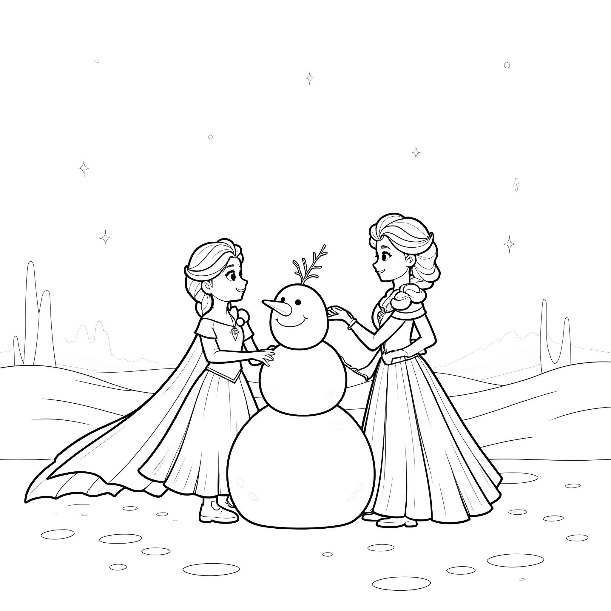 Elsa and Anna building a snowman in the winter wonderland Coloring Page (free black-and-white line drawing printable PDF for all, from beginners to advanced learners, including children, teens, adults, and seniors)