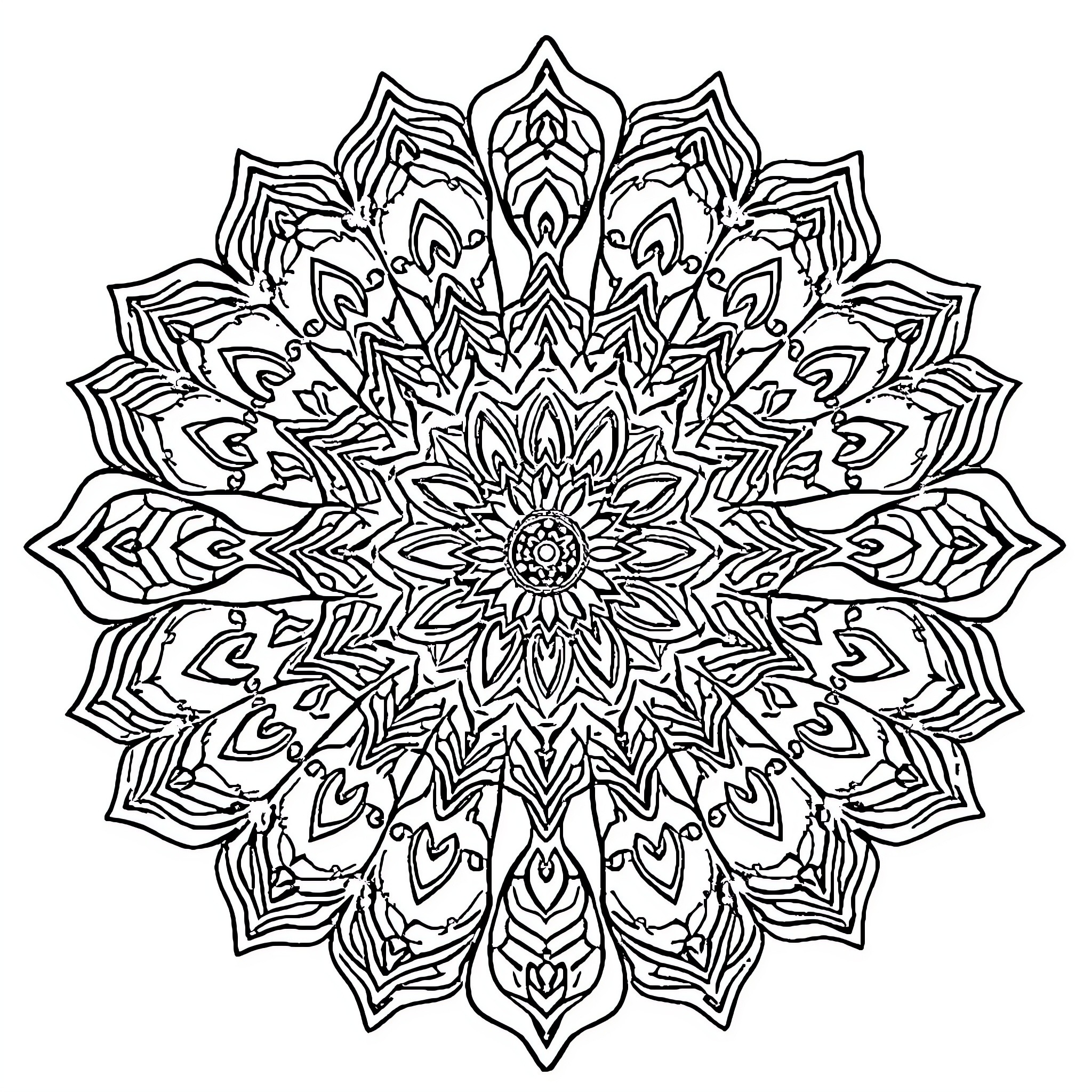 Mandala of intricate floral designs Coloring Page (free black-and-white line drawing printable PDF for all, from beginners to advanced learners, including children, teens, adults, and seniors)