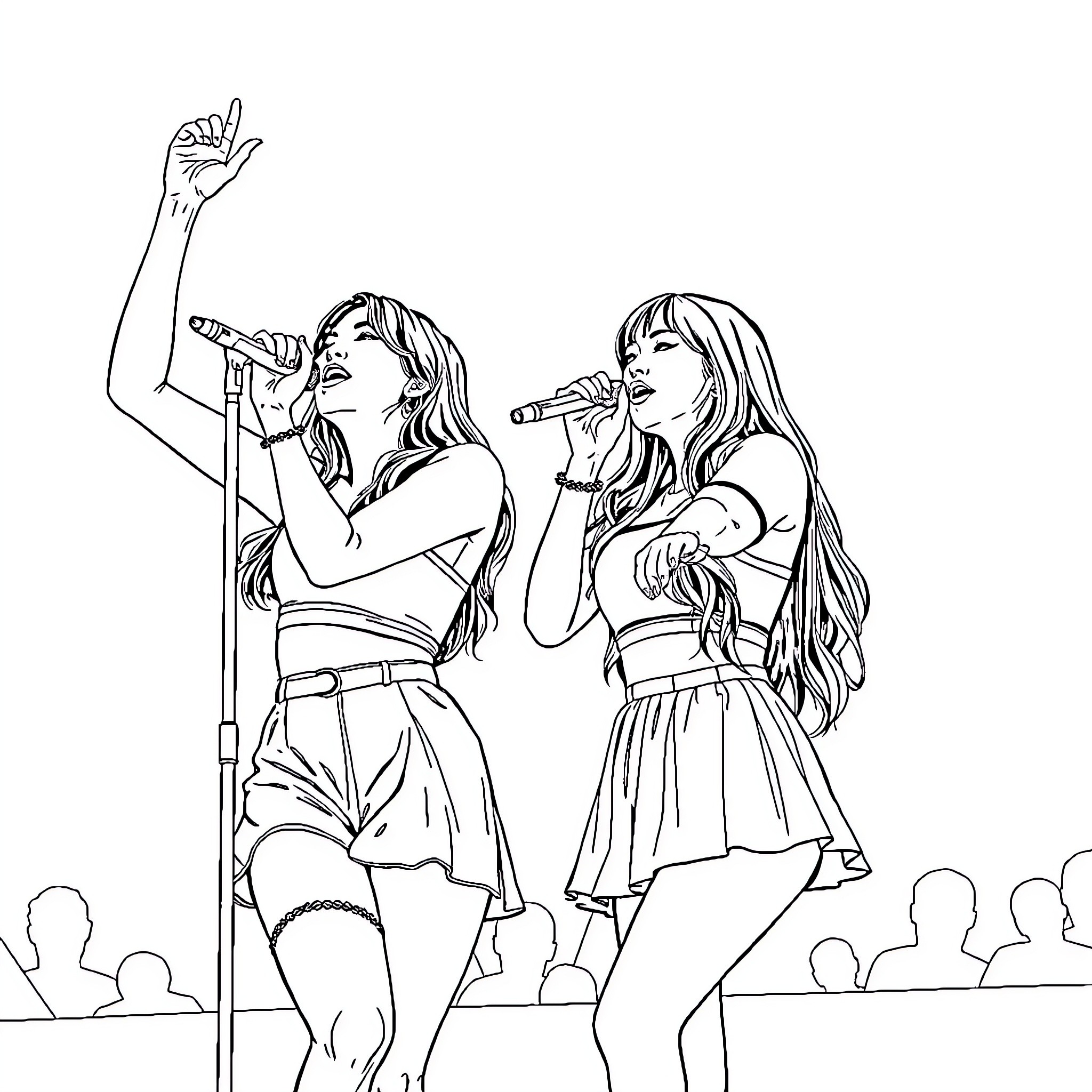 Rose Singers Performing on Stage Coloring Page (free black-and-white line drawing printable PDF for all, from beginners to advanced learners, including children, teens, adults, and seniors)
