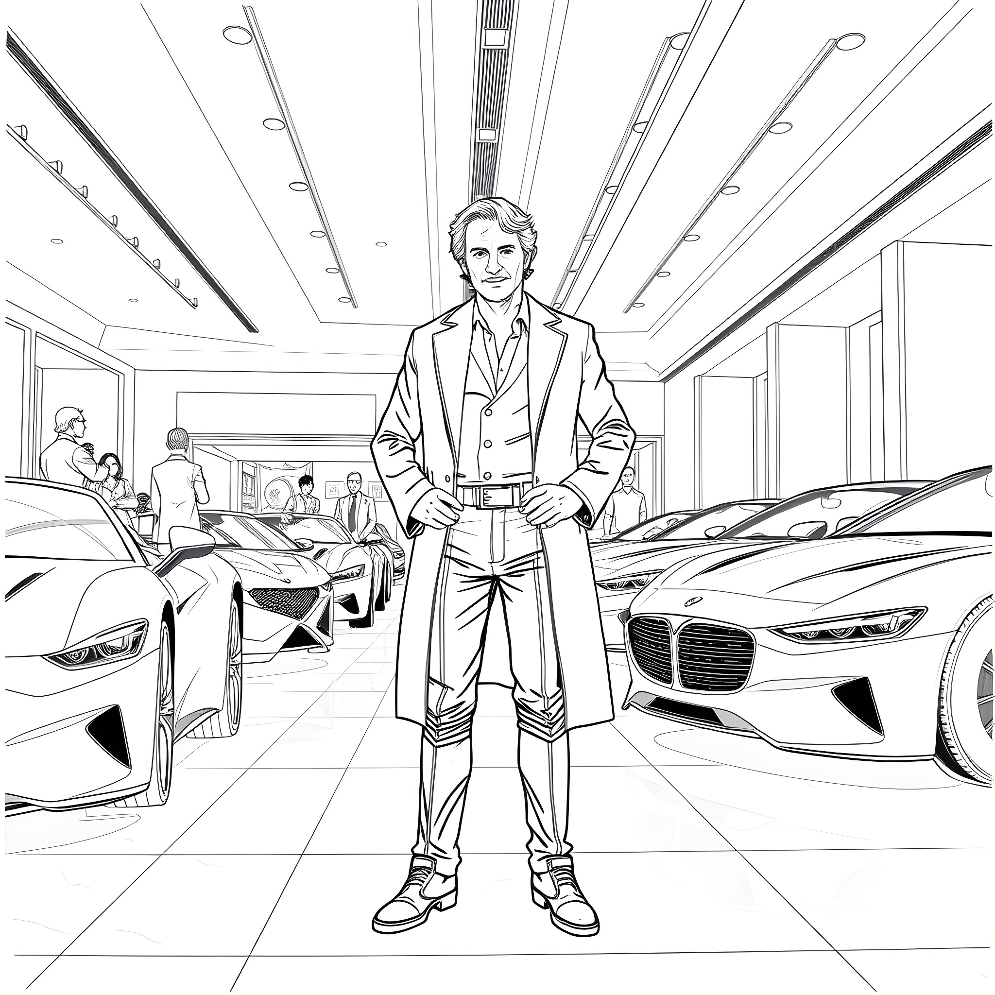 Lando Calrissian's Dazzling Showroom Adventure Coloring Page (free black-and-white line drawing printable PDF for all, from beginners to advanced learners, including children, teens, adults, and seniors)
