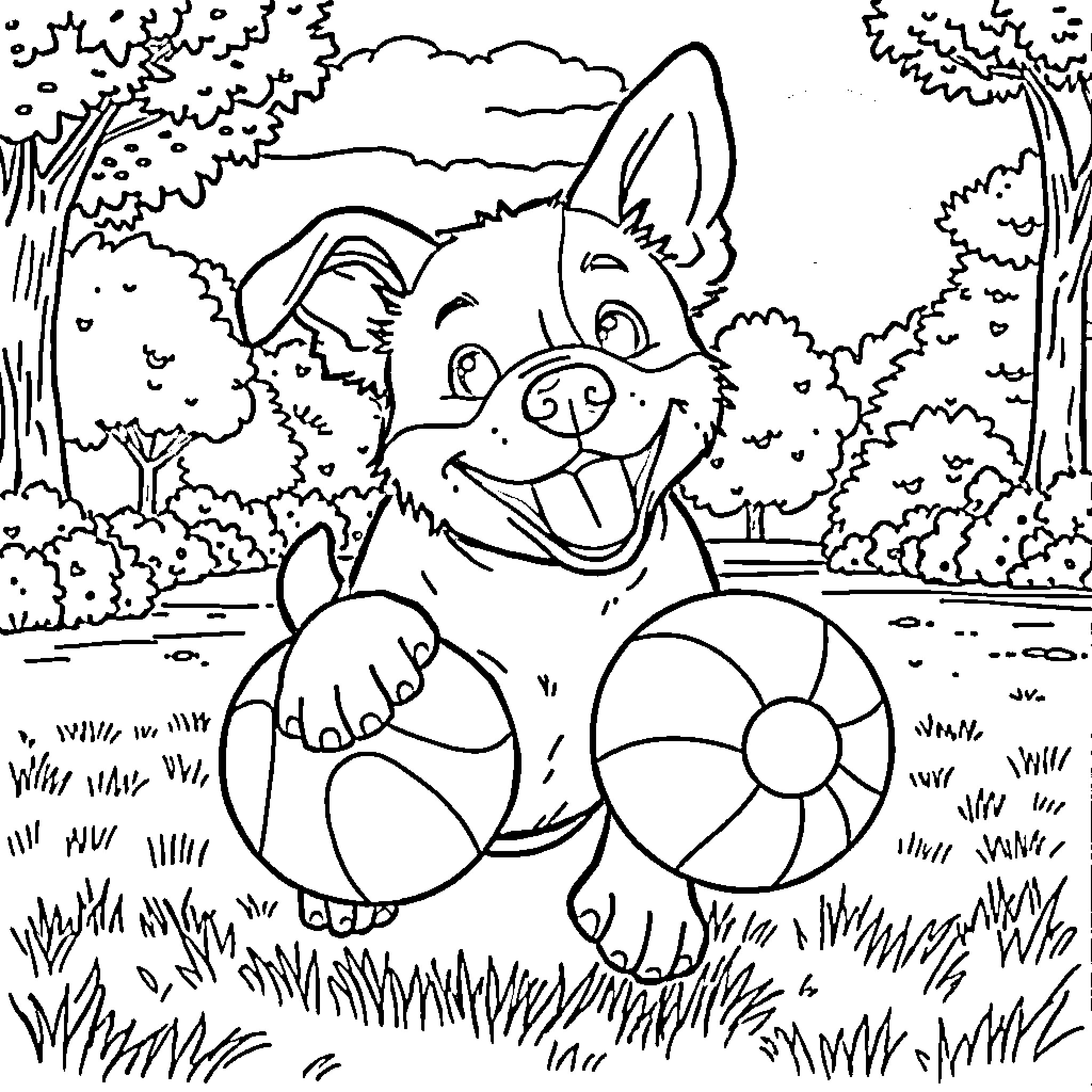 Dog playing joyfully with colorful ball in nature Coloring Page (free black-and-white line drawing printable PDF for all, from beginners to advanced learners, including children, teens, adults, and seniors)